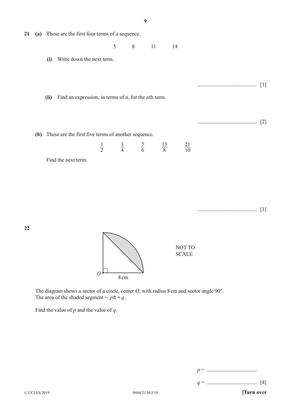 Cambridge IGCSE Mathematics (US) 0444 2019 May/June Paper 2 · Variant 1 question paper, page 9 of 12