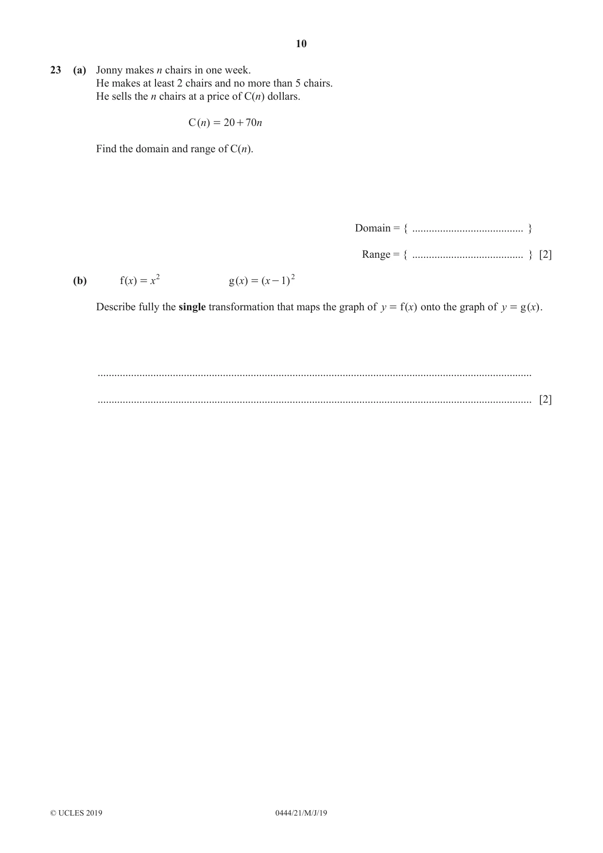 Cambridge IGCSE Mathematics (US) 0444 2019 May/June Paper 2 · Variant 1 question paper, page 10 of 12
