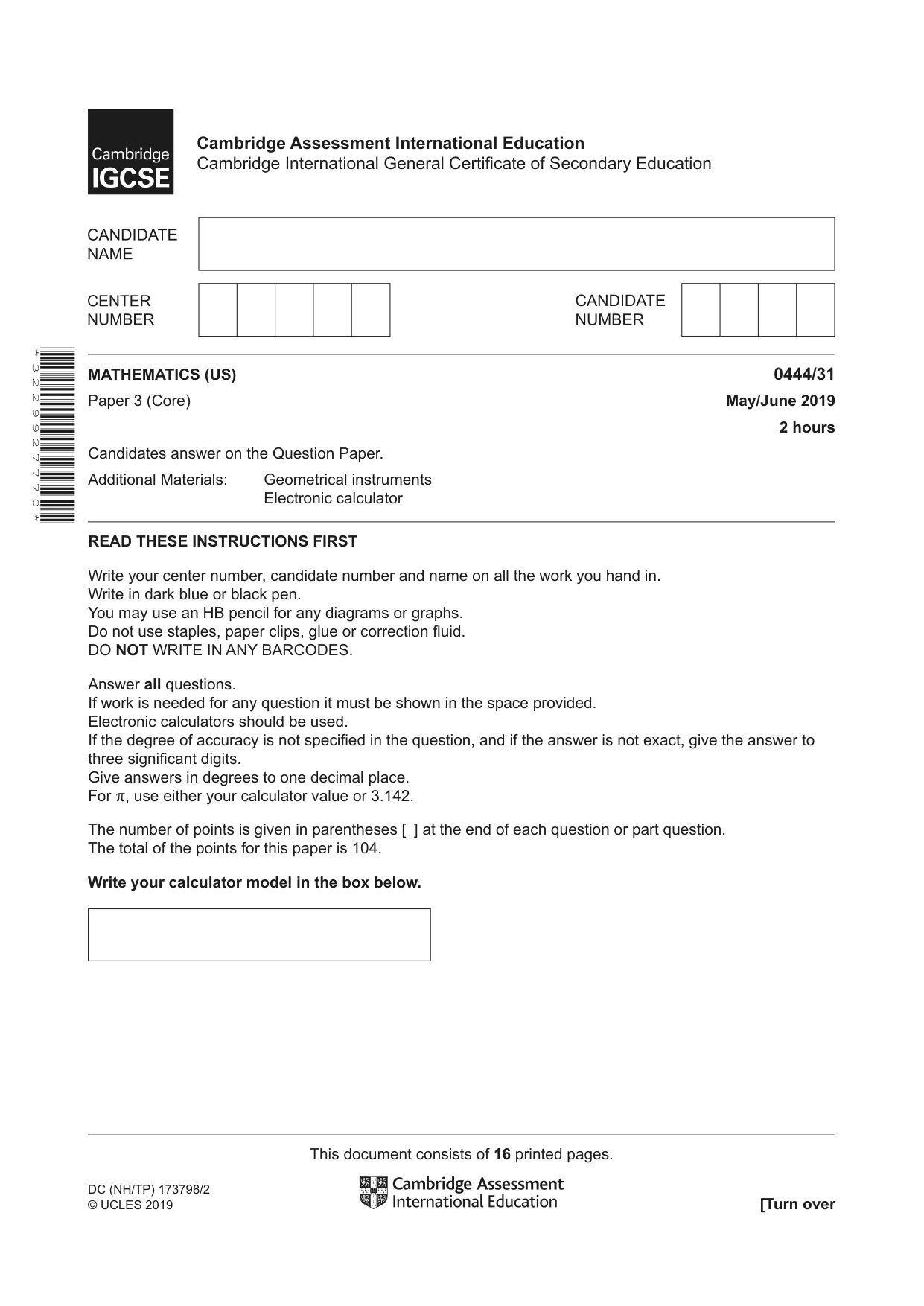 Cambridge IGCSE Mathematics (US) 0444 2019 May/June Paper 3 · Variant 1 question paper, page 1 of 16