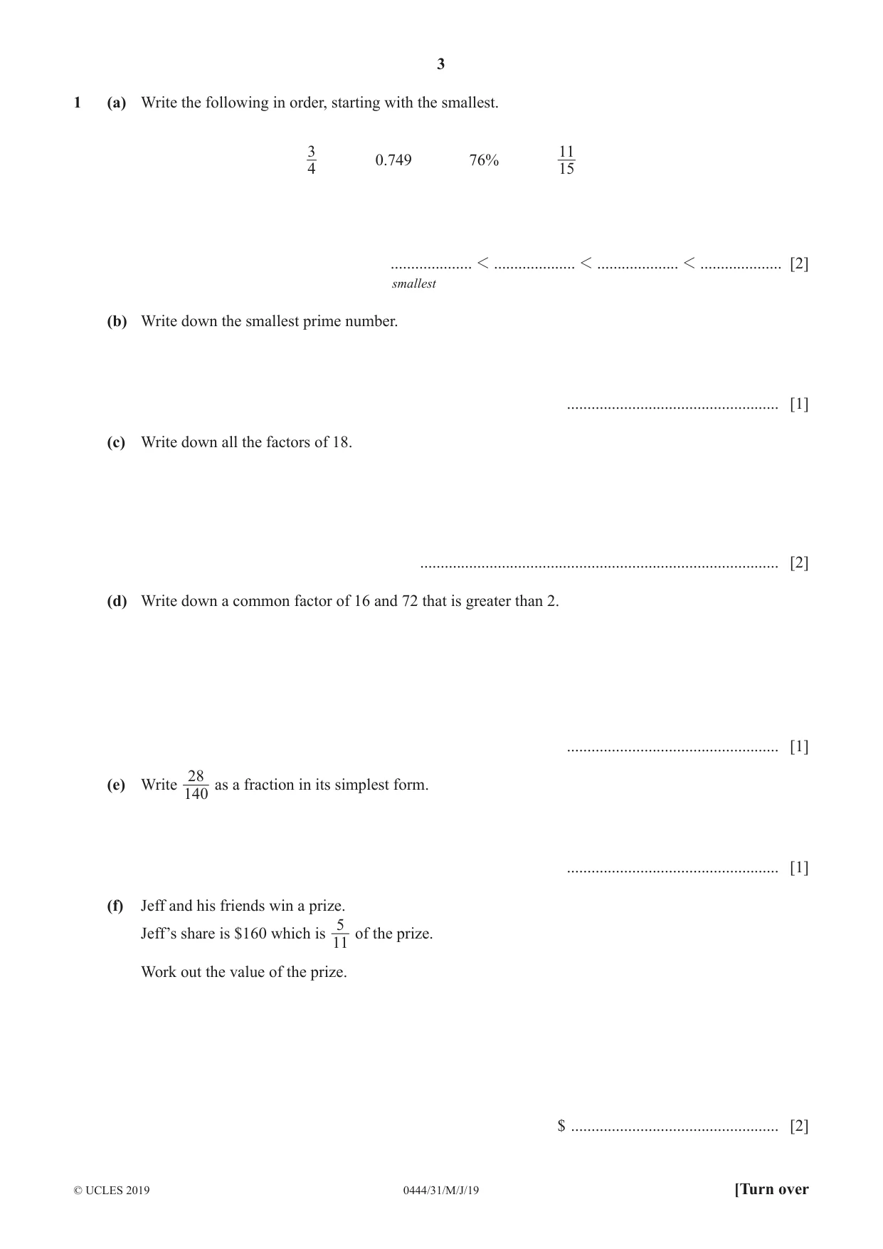 Cambridge IGCSE Mathematics (US) 0444 2019 May/June Paper 3 · Variant 1 question paper, page 3 of 16