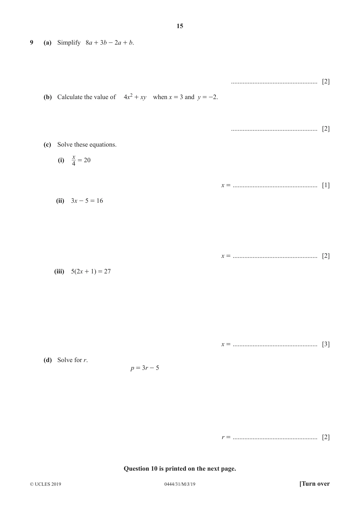 Cambridge IGCSE Mathematics (US) 0444 2019 May/June Paper 3 · Variant 1 question paper, page 15 of 16