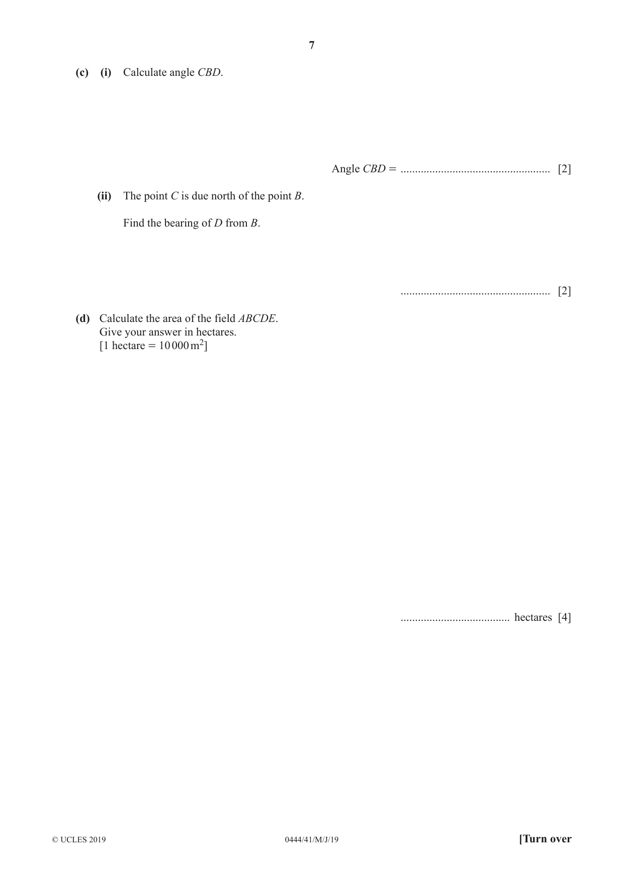 Cambridge IGCSE Mathematics (US) 0444 2019 May/June Paper 4 · Variant 1 question paper, page 7 of 20