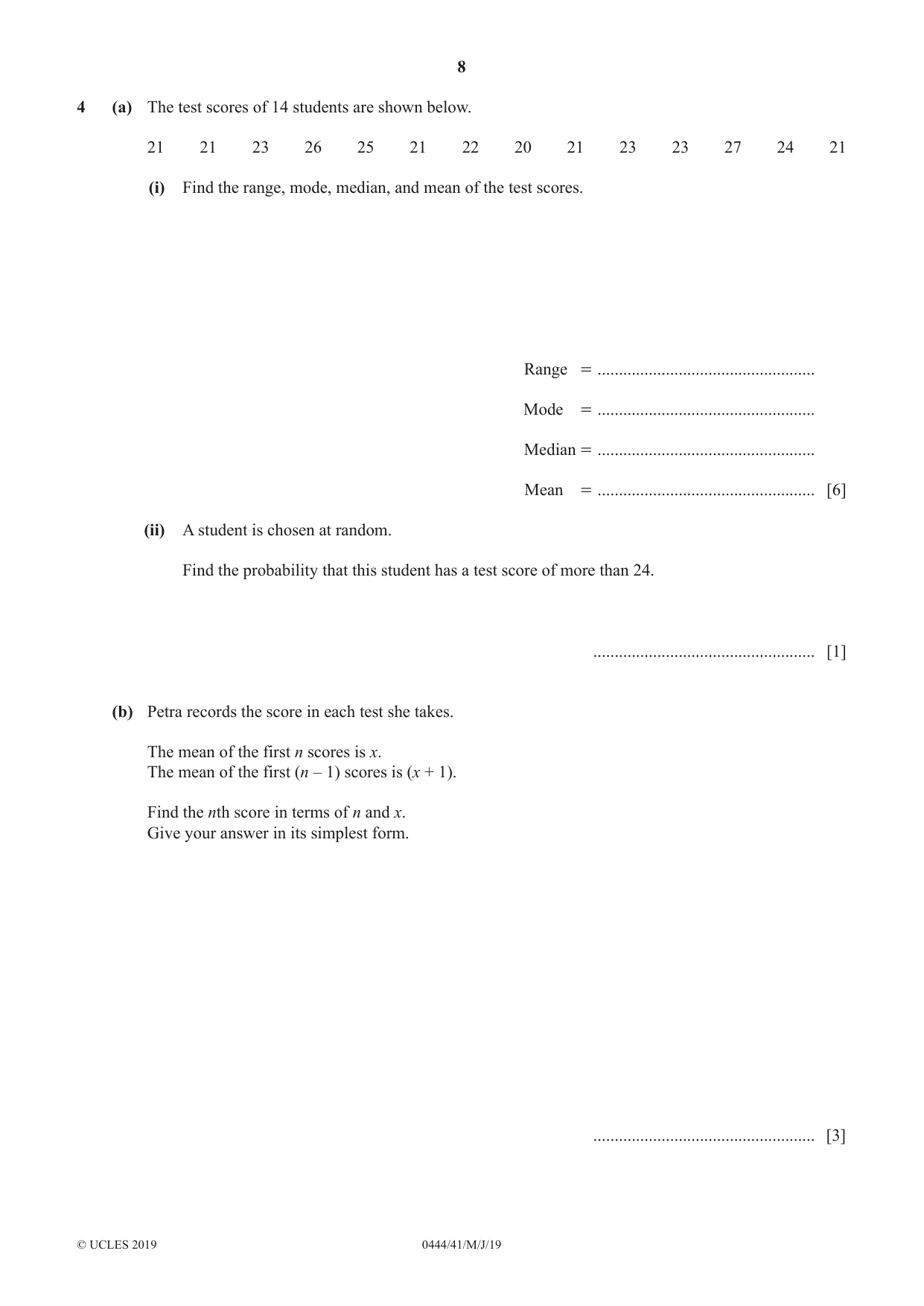 Cambridge IGCSE Mathematics (US) 0444 2019 May/June Paper 4 · Variant 1 question paper, page 8 of 20