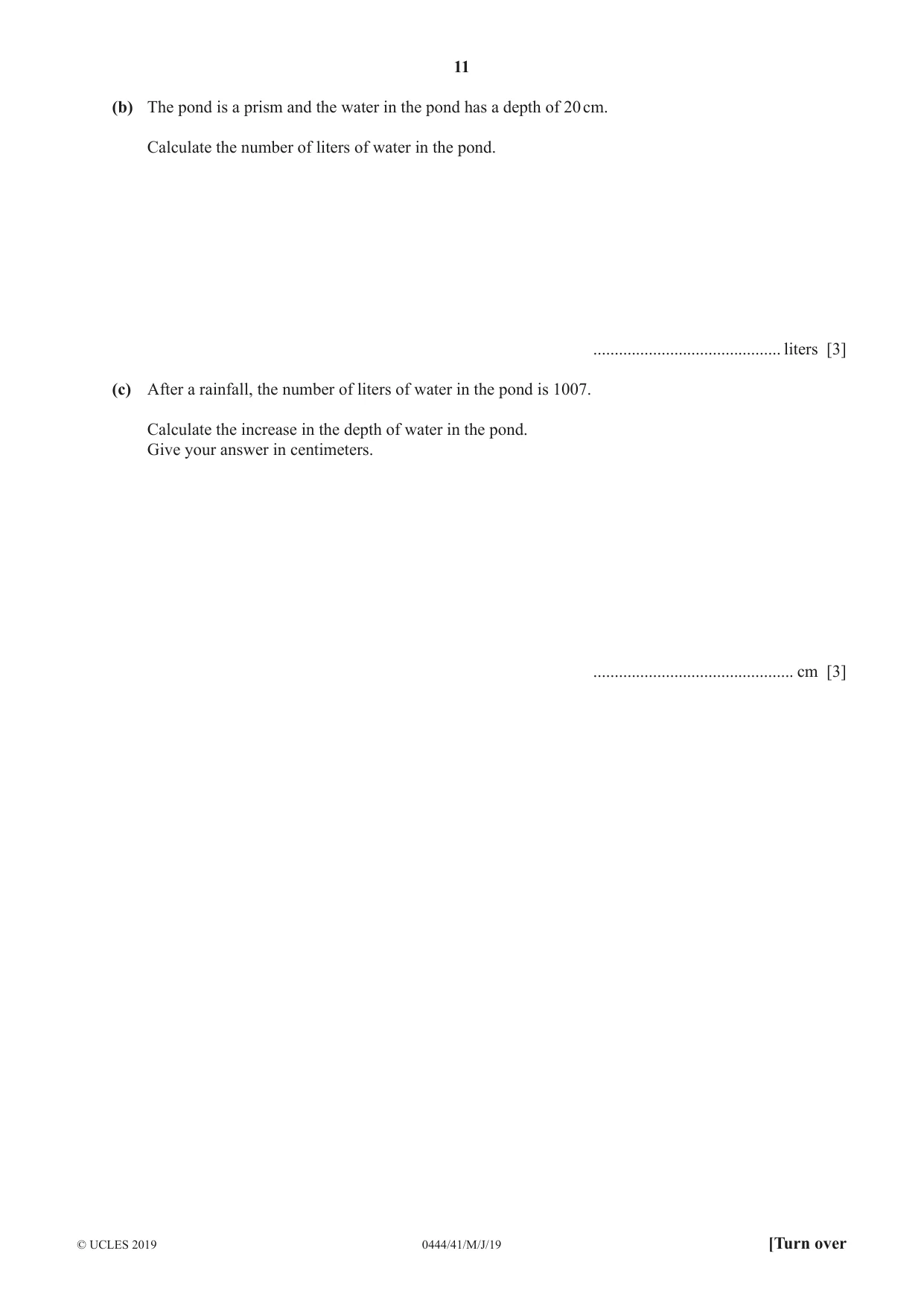 Cambridge IGCSE Mathematics (US) 0444 2019 May/June Paper 4 · Variant 1 question paper, page 11 of 20
