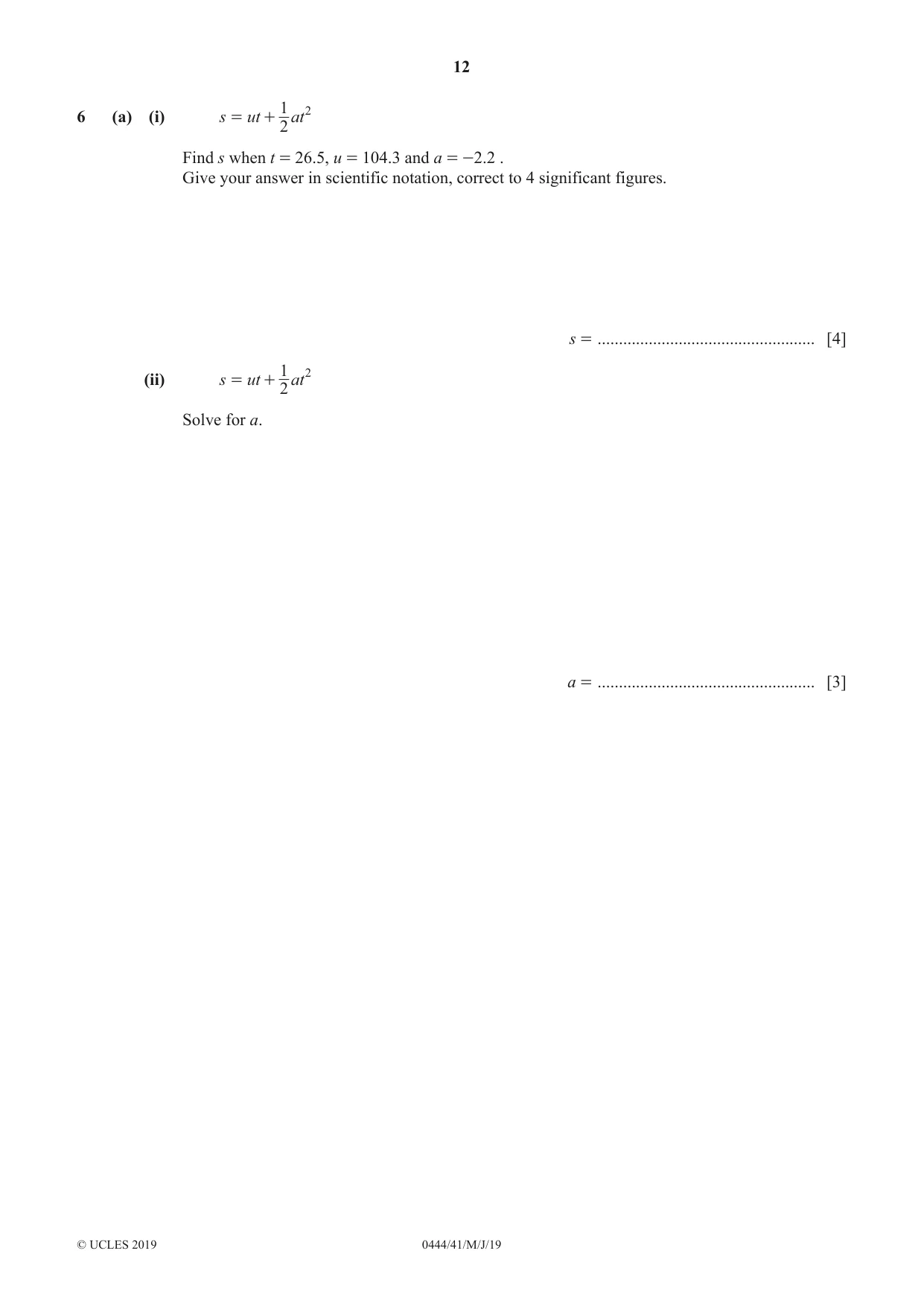 Cambridge IGCSE Mathematics (US) 0444 2019 May/June Paper 4 · Variant 1 question paper, page 12 of 20