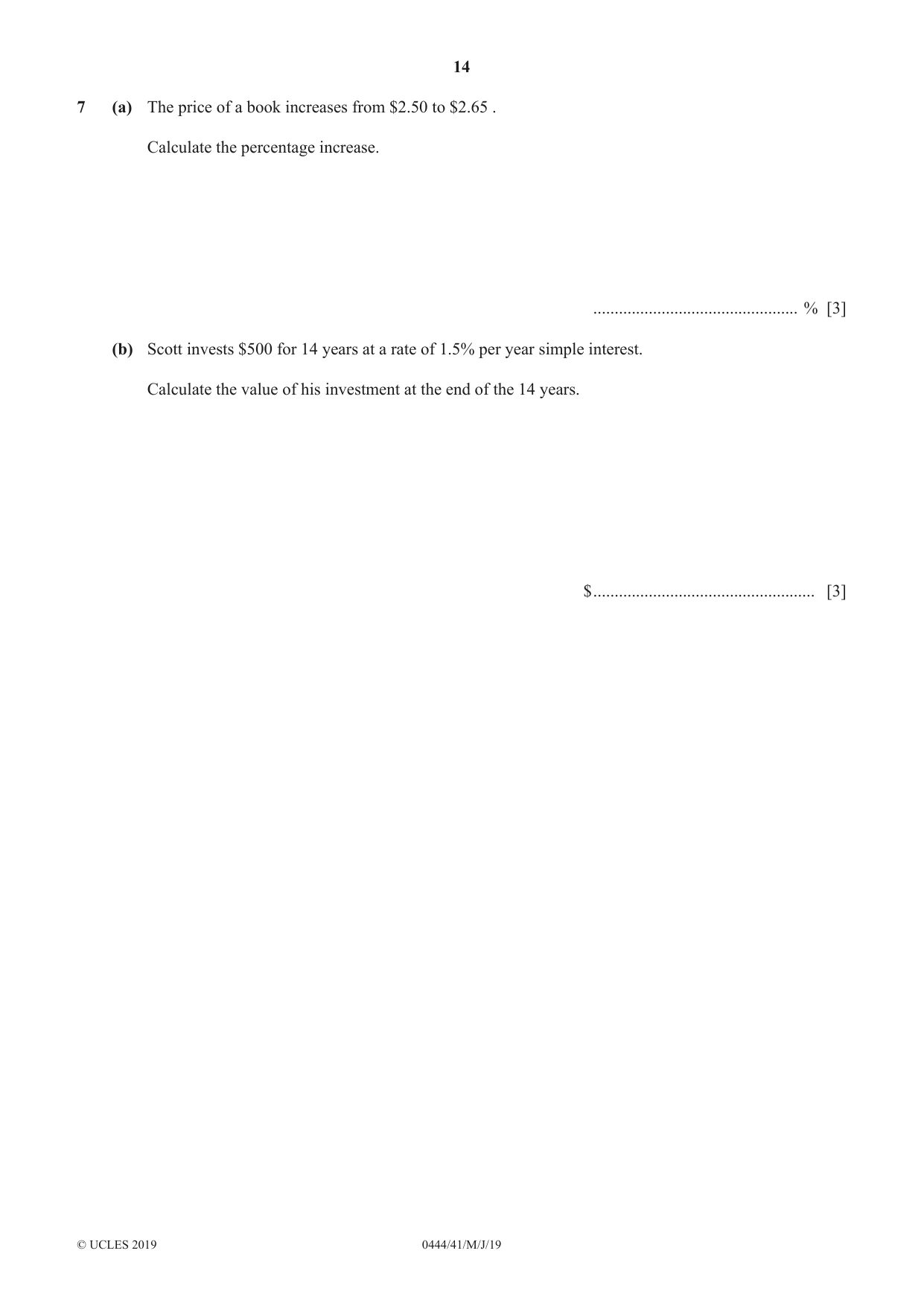 Cambridge IGCSE Mathematics (US) 0444 2019 May/June Paper 4 · Variant 1 question paper, page 14 of 20