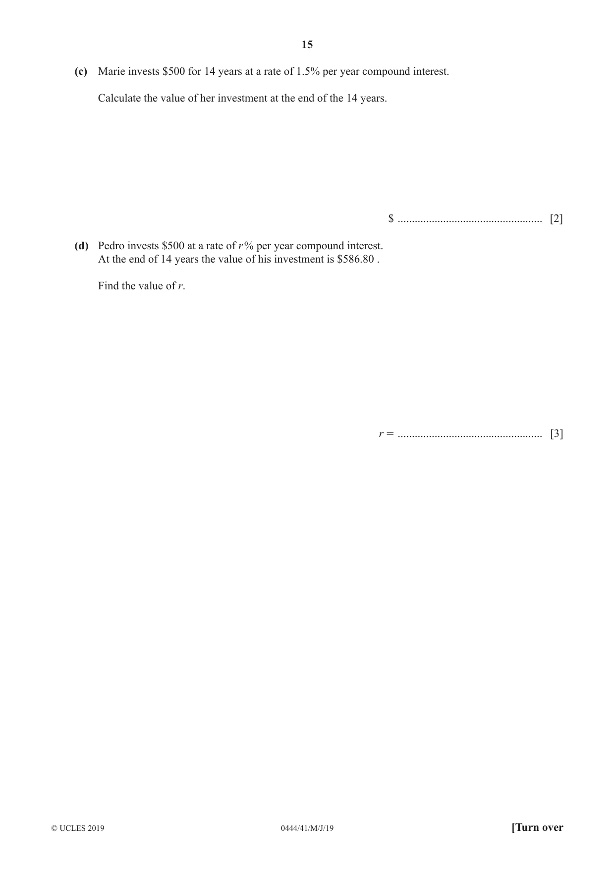 Cambridge IGCSE Mathematics (US) 0444 2019 May/June Paper 4 · Variant 1 question paper, page 15 of 20