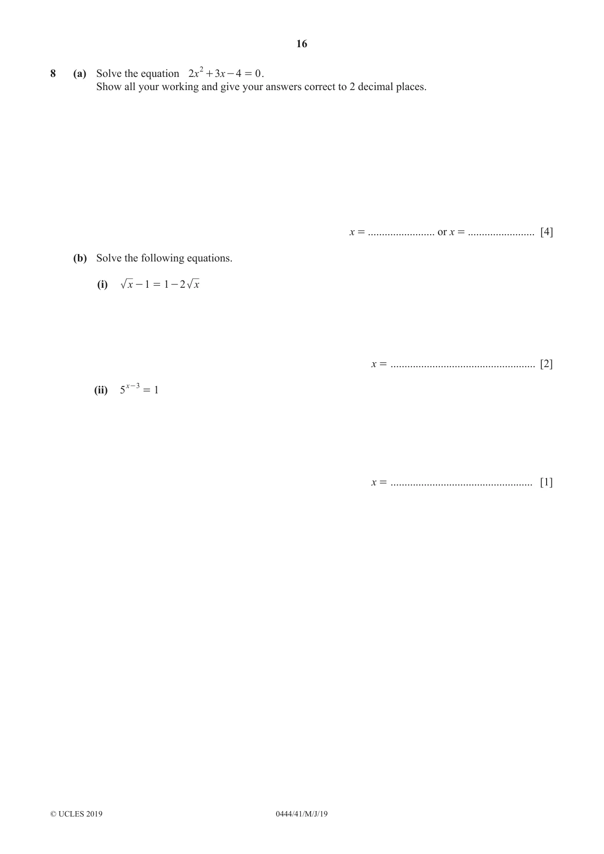 Cambridge IGCSE Mathematics (US) 0444 2019 May/June Paper 4 · Variant 1 question paper, page 16 of 20