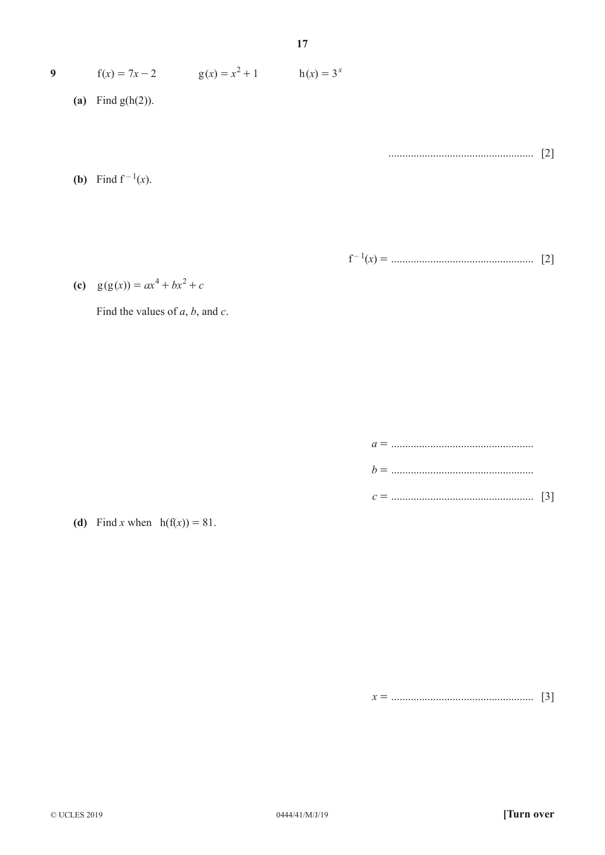 Cambridge IGCSE Mathematics (US) 0444 2019 May/June Paper 4 · Variant 1 question paper, page 17 of 20