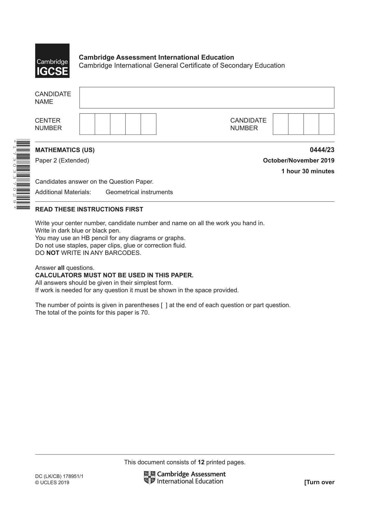 Cambridge IGCSE Mathematics (US) 0444 2019 Oct/Nov Paper 2 · Variant 3 question paper, page 1 of 12