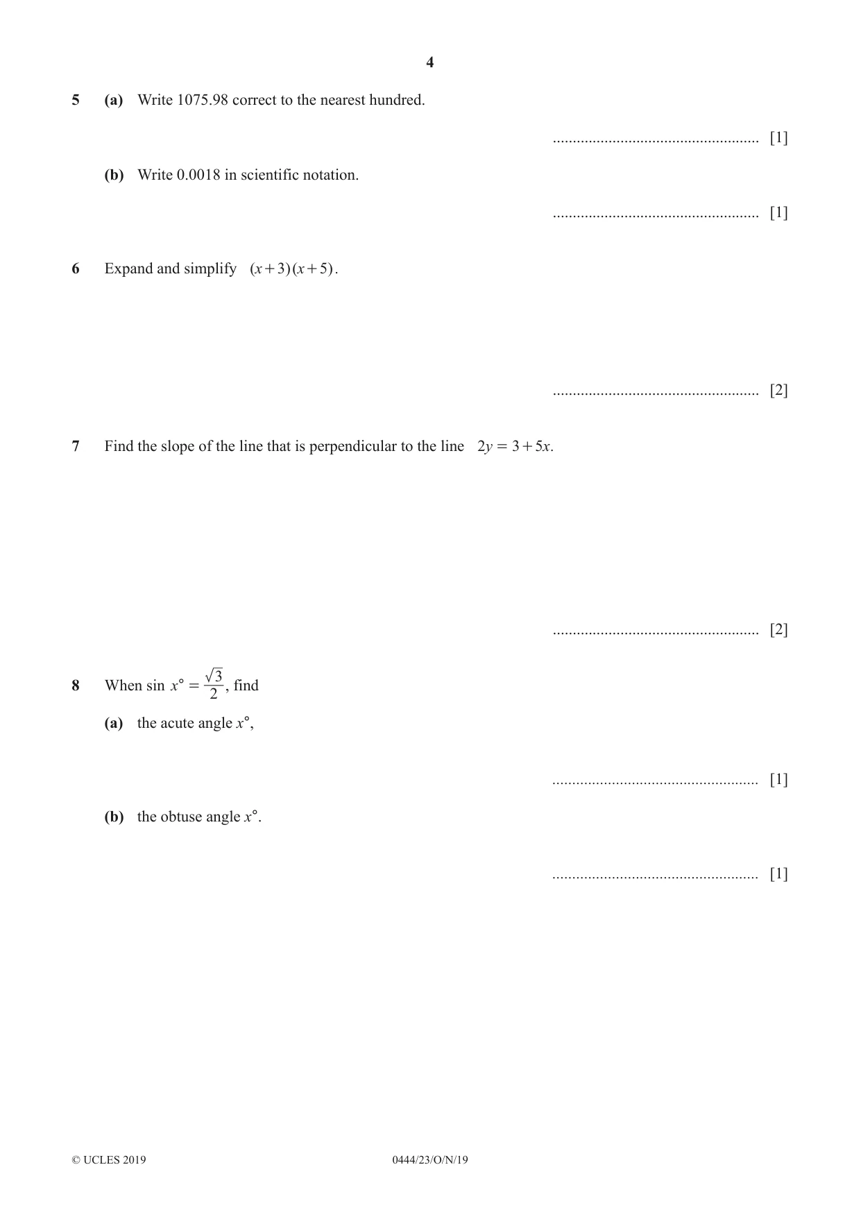 Cambridge IGCSE Mathematics (US) 0444 2019 Oct/Nov Paper 2 · Variant 3 question paper, page 4 of 12