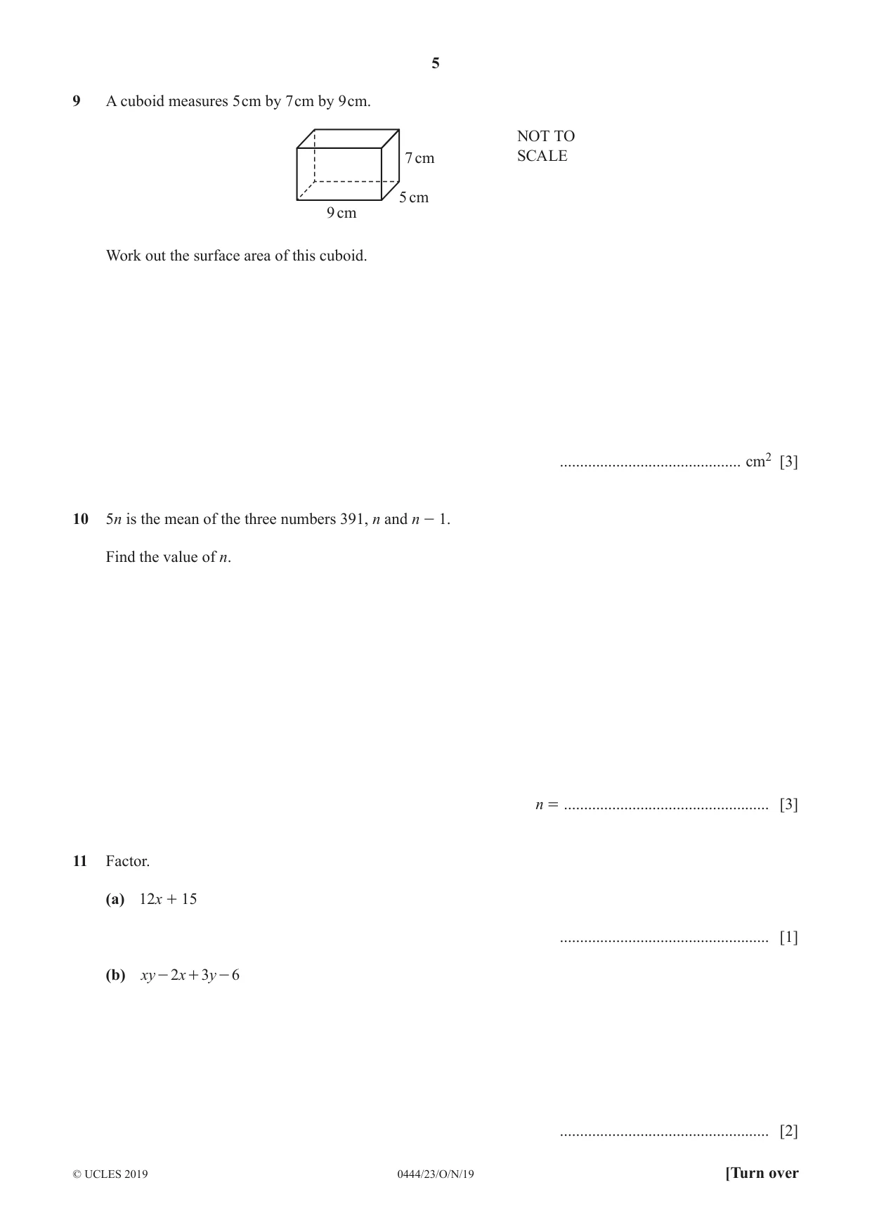 Cambridge IGCSE Mathematics (US) 0444 2019 Oct/Nov Paper 2 · Variant 3 question paper, page 5 of 12