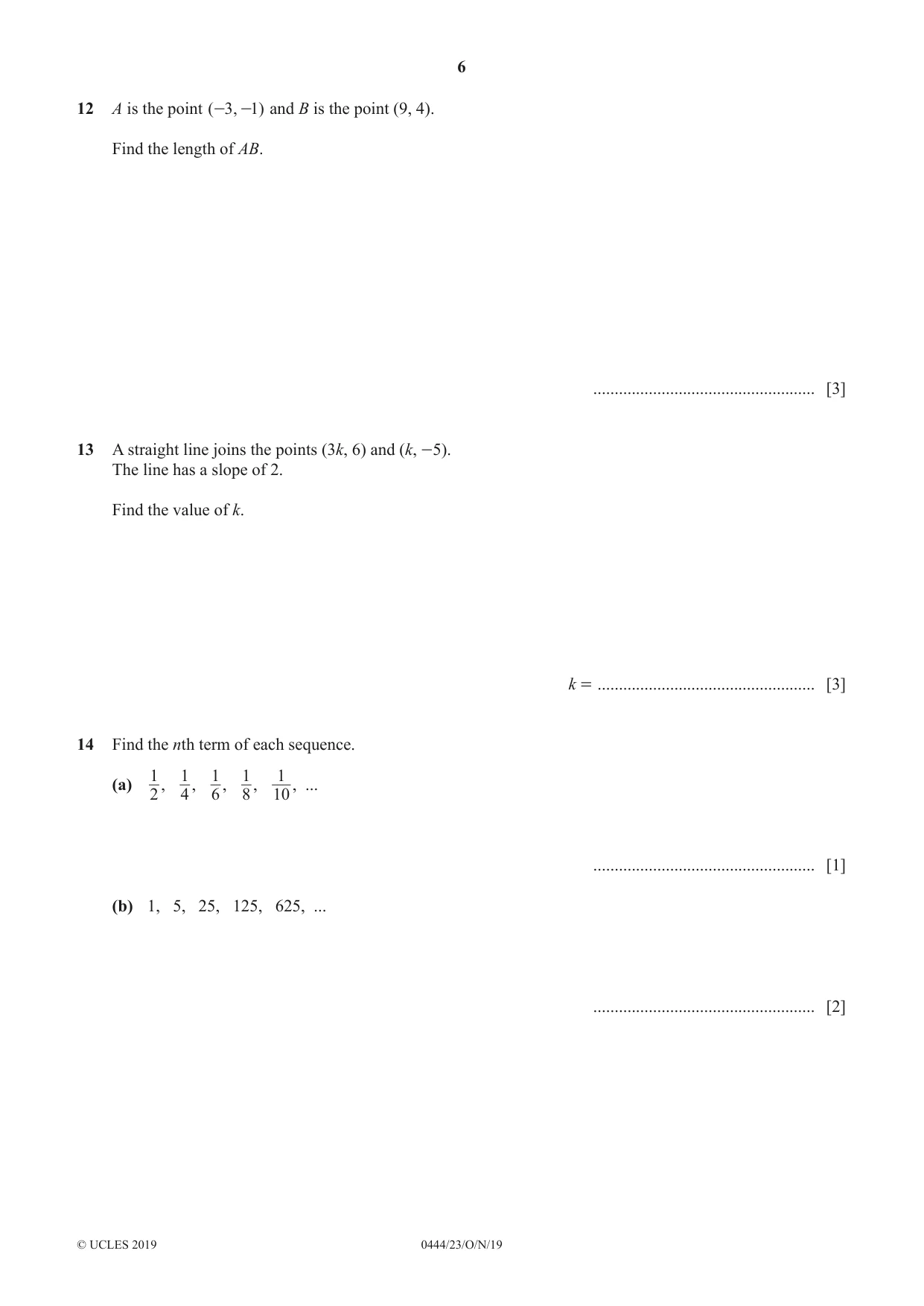Cambridge IGCSE Mathematics (US) 0444 2019 Oct/Nov Paper 2 · Variant 3 question paper, page 6 of 12
