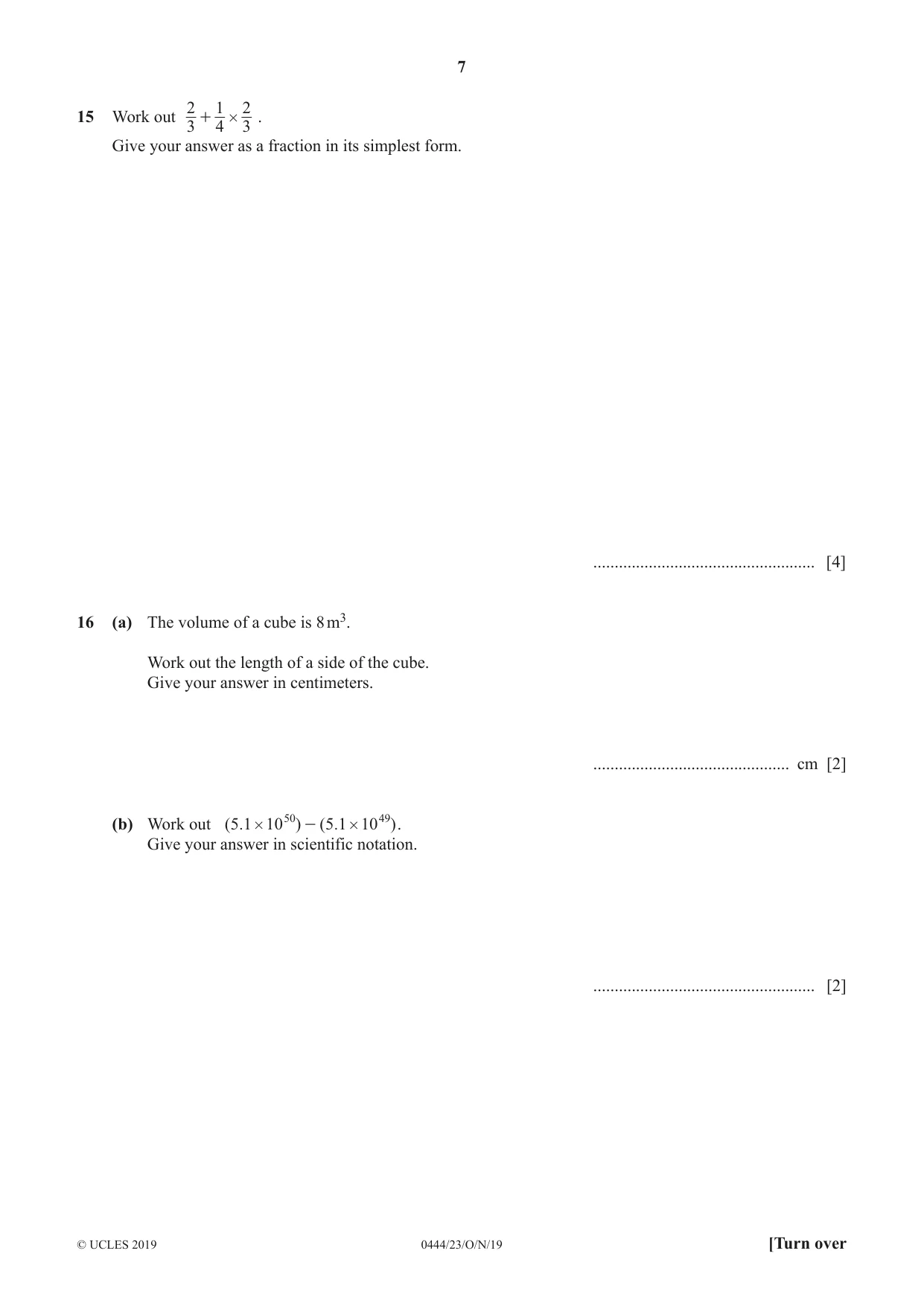 Cambridge IGCSE Mathematics (US) 0444 2019 Oct/Nov Paper 2 · Variant 3 question paper, page 7 of 12