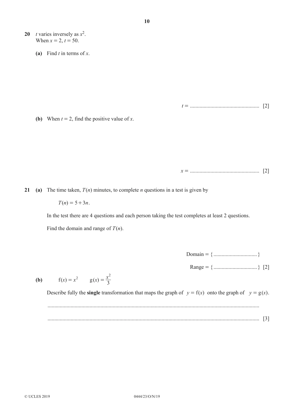 Cambridge IGCSE Mathematics (US) 0444 2019 Oct/Nov Paper 2 · Variant 3 question paper, page 10 of 12