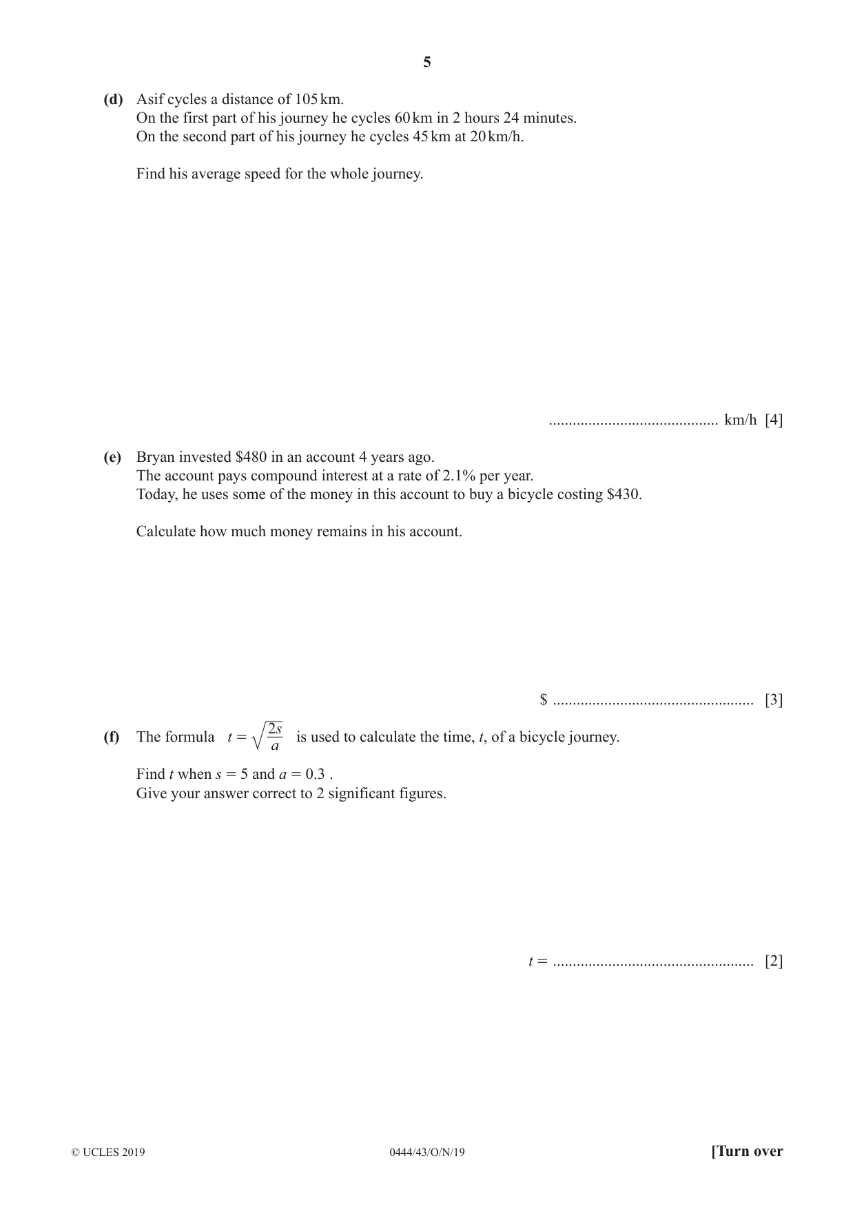 Cambridge IGCSE Mathematics (US) 0444 2019 Oct/Nov Paper 4 · Variant 3 question paper, page 5 of 20
