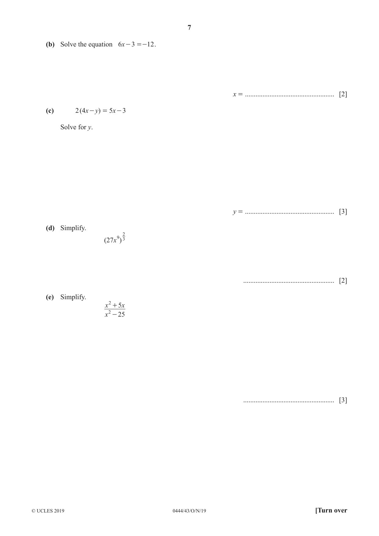 Cambridge IGCSE Mathematics (US) 0444 2019 Oct/Nov Paper 4 · Variant 3 question paper, page 7 of 20