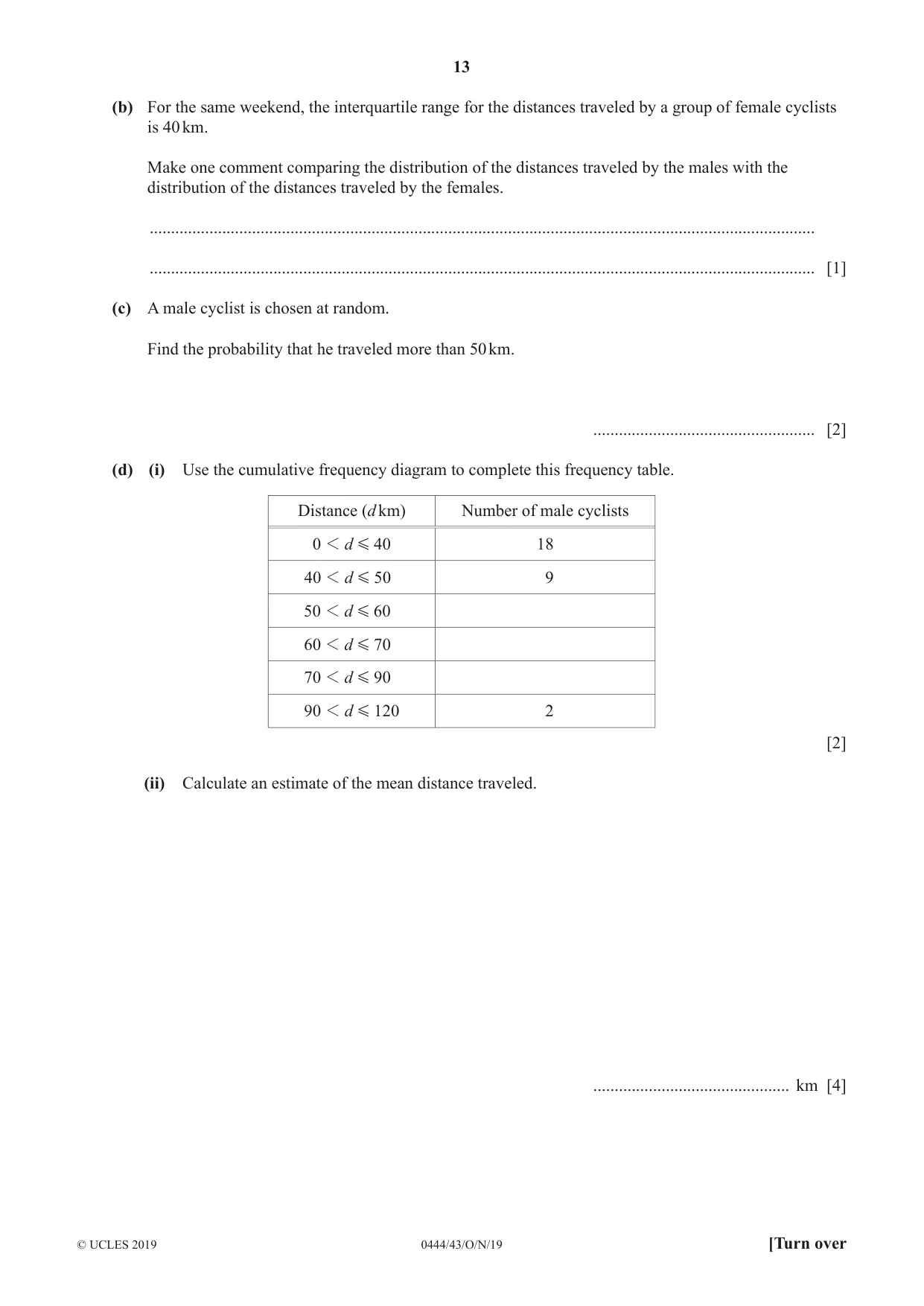 Cambridge IGCSE Mathematics (US) 0444 2019 Oct/Nov Paper 4 · Variant 3 question paper, page 13 of 20