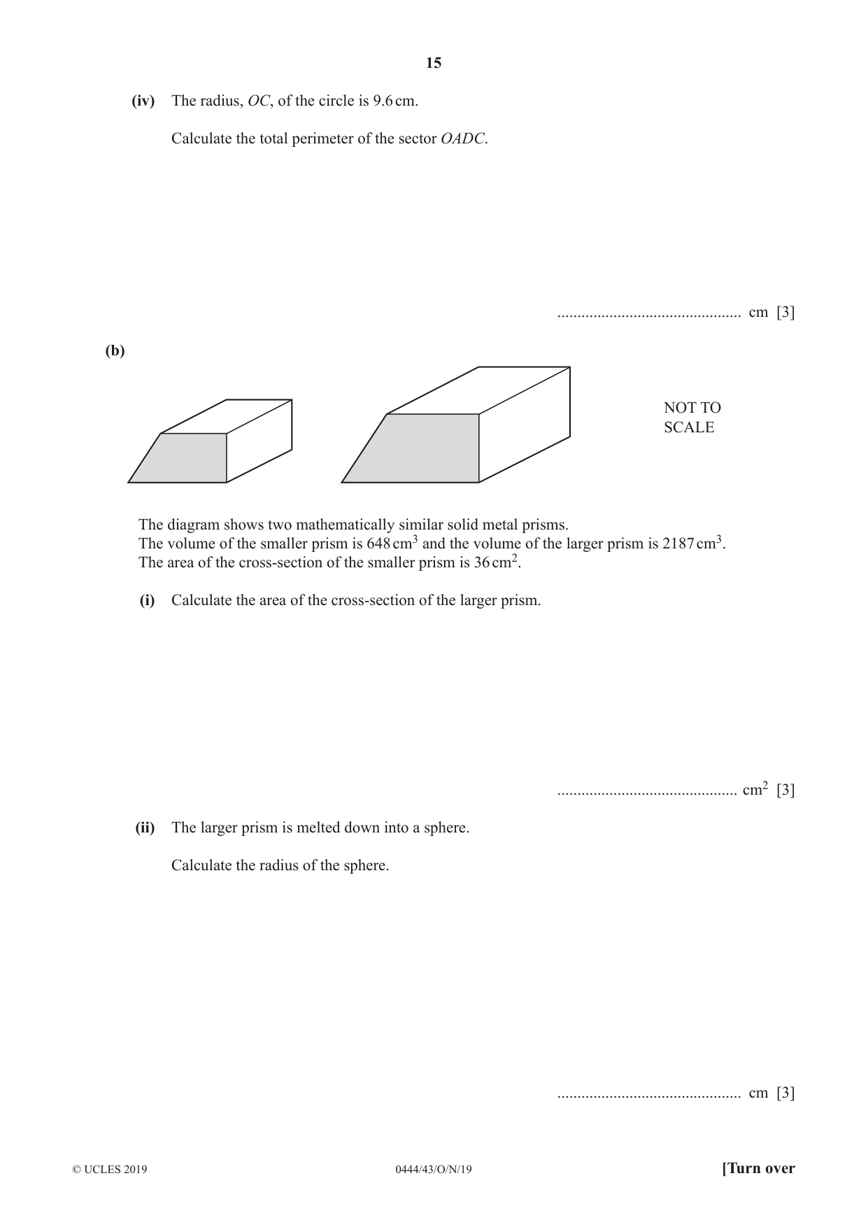 Cambridge IGCSE Mathematics (US) 0444 2019 Oct/Nov Paper 4 · Variant 3 question paper, page 15 of 20