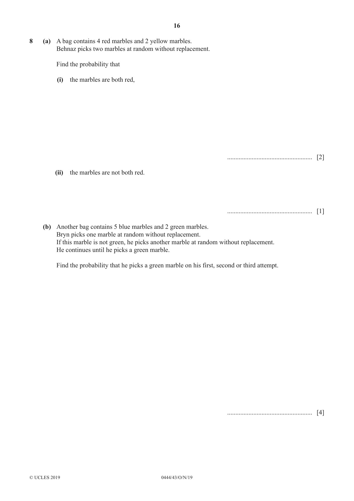 Cambridge IGCSE Mathematics (US) 0444 2019 Oct/Nov Paper 4 · Variant 3 question paper, page 16 of 20