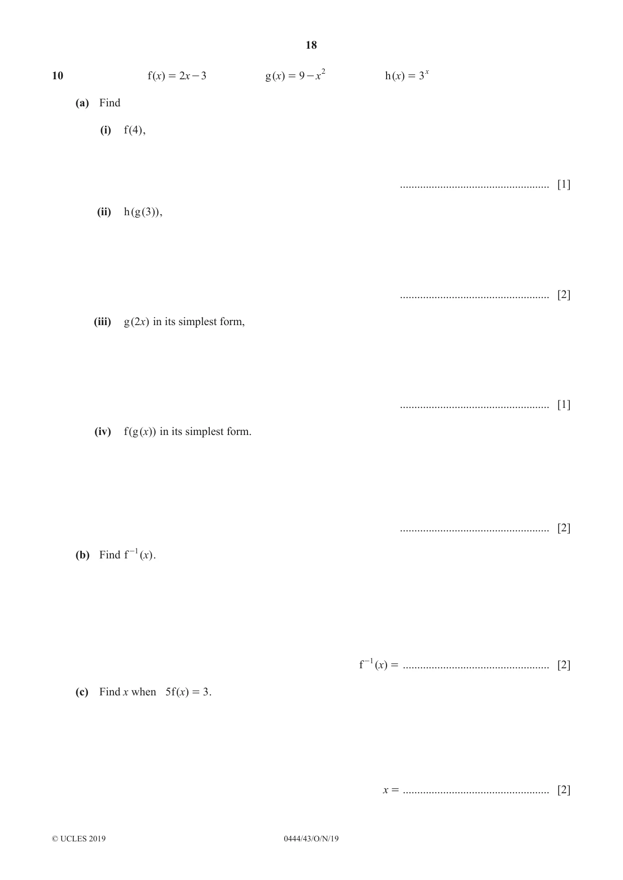 Cambridge IGCSE Mathematics (US) 0444 2019 Oct/Nov Paper 4 · Variant 3 question paper, page 18 of 20