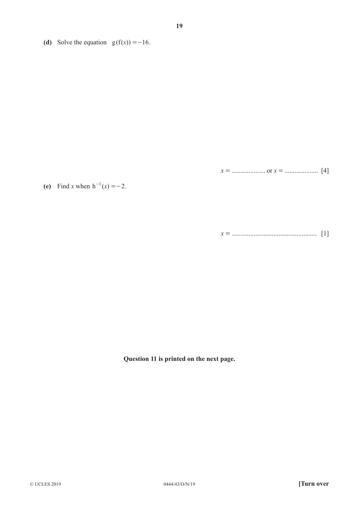 Cambridge IGCSE Mathematics (US) 0444 2019 Oct/Nov Paper 4 · Variant 3 question paper, page 19 of 20