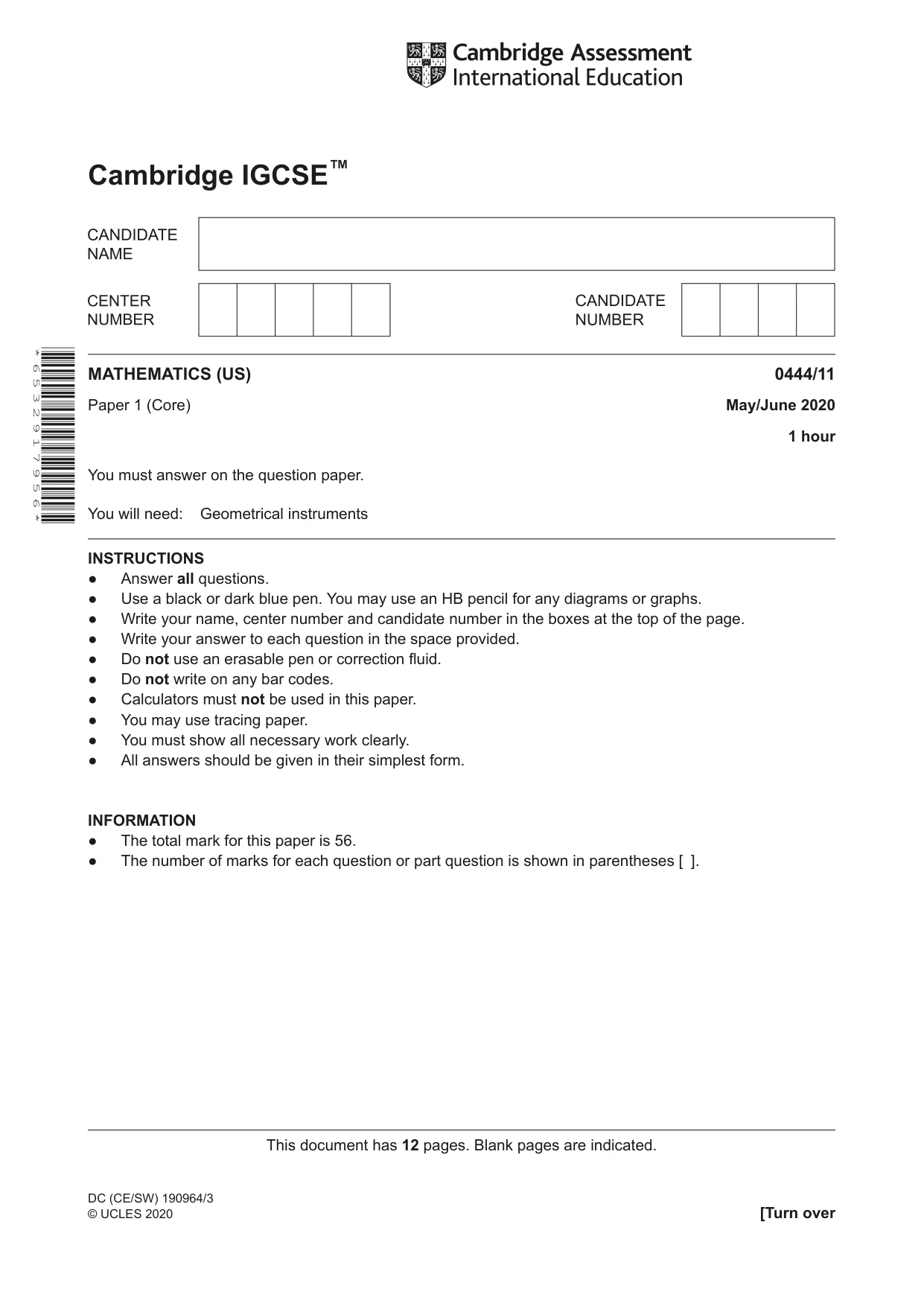 Cambridge IGCSE Mathematics (US) 0444 2020 May/June Paper 1 · Variant 1 question paper, page 1 of 12