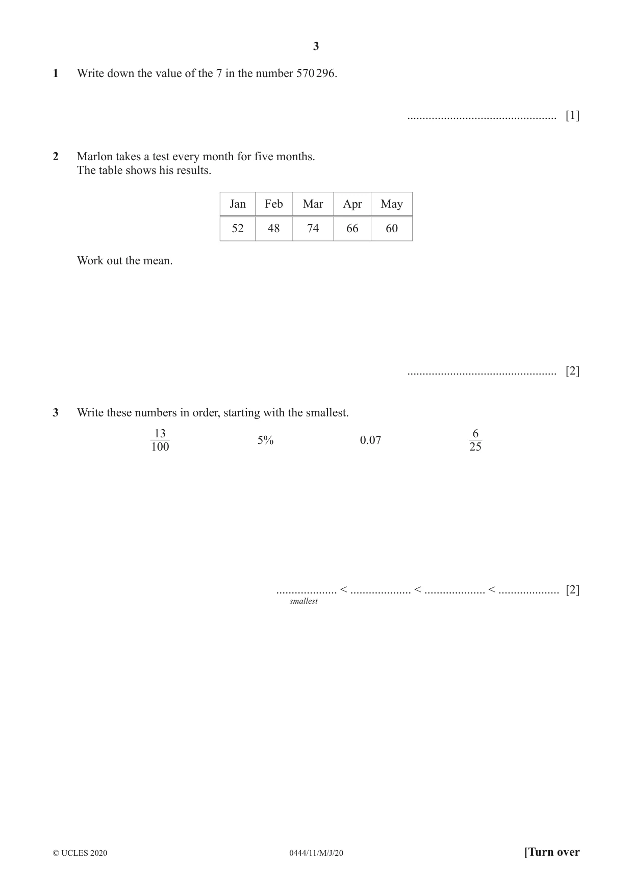 Cambridge IGCSE Mathematics (US) 0444 2020 May/June Paper 1 · Variant 1 question paper, page 3 of 12