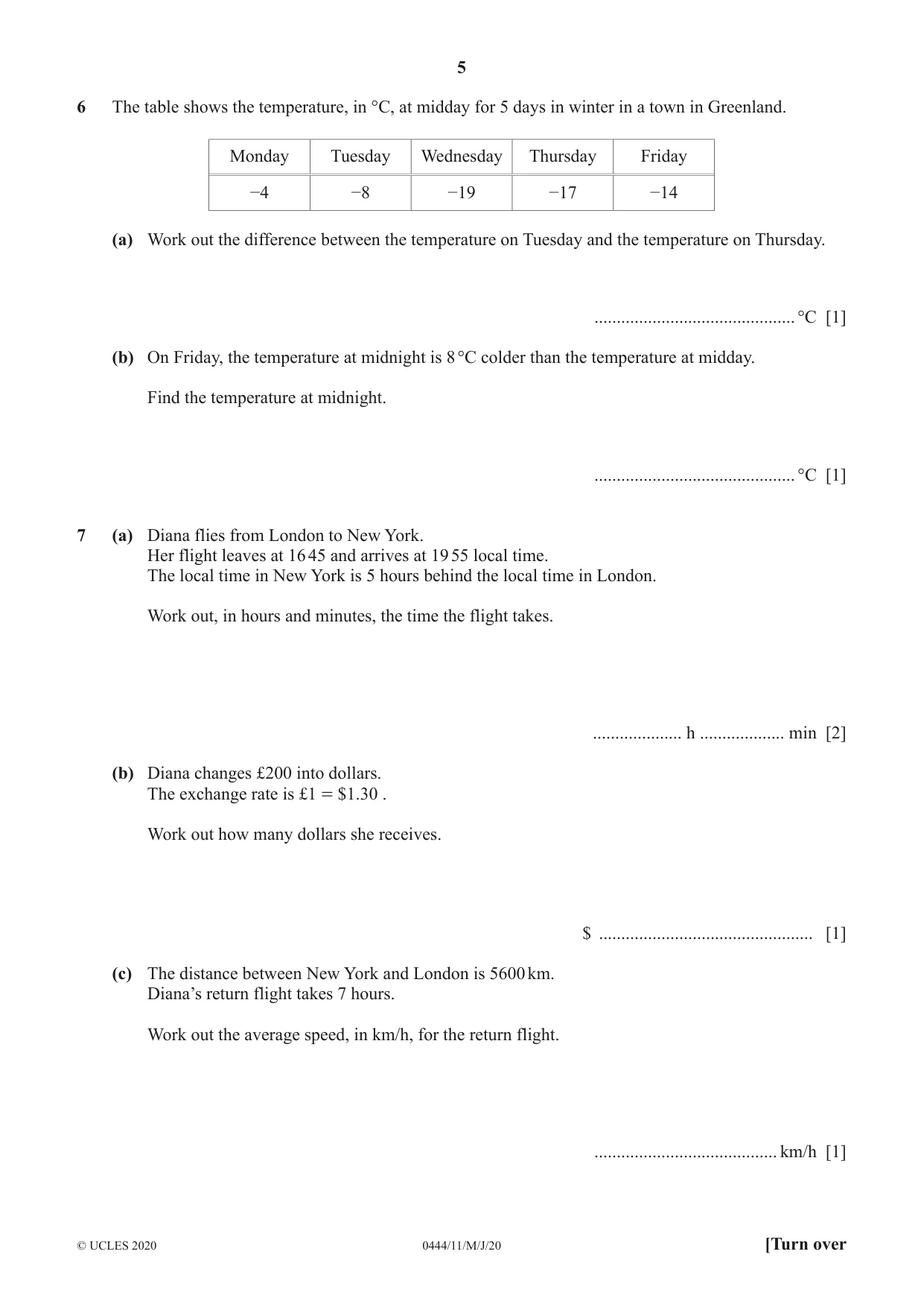 Cambridge IGCSE Mathematics (US) 0444 2020 May/June Paper 1 · Variant 1 question paper, page 5 of 12