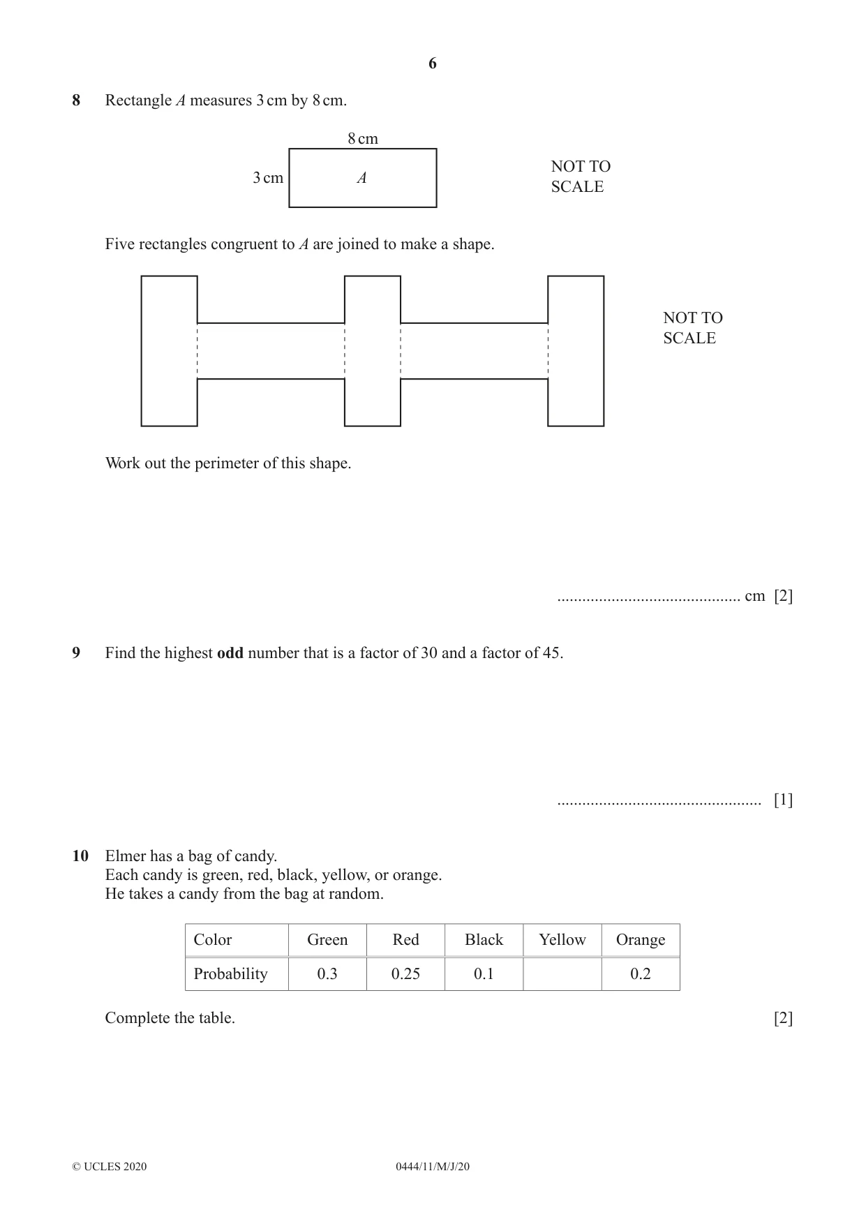 Cambridge IGCSE Mathematics (US) 0444 2020 May/June Paper 1 · Variant 1 question paper, page 6 of 12