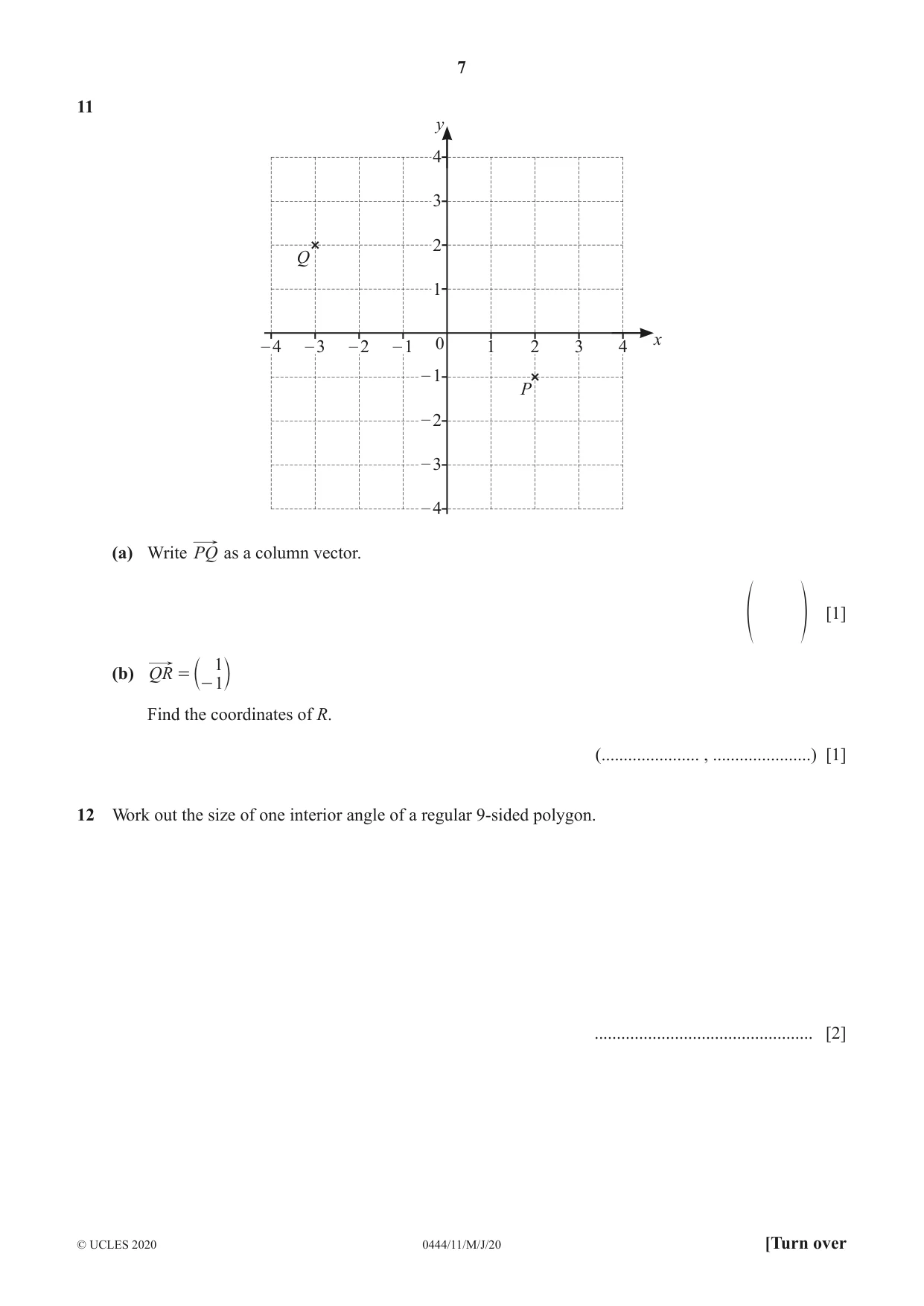 Cambridge IGCSE Mathematics (US) 0444 2020 May/June Paper 1 · Variant 1 question paper, page 7 of 12