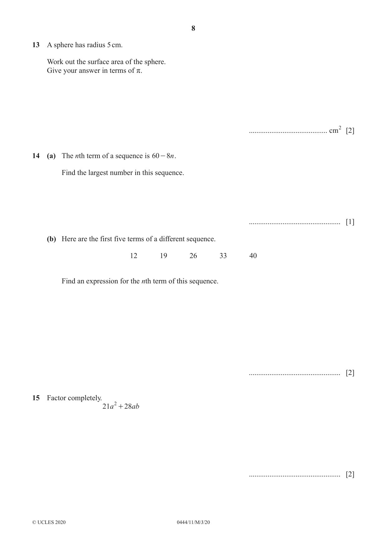 Cambridge IGCSE Mathematics (US) 0444 2020 May/June Paper 1 · Variant 1 question paper, page 8 of 12