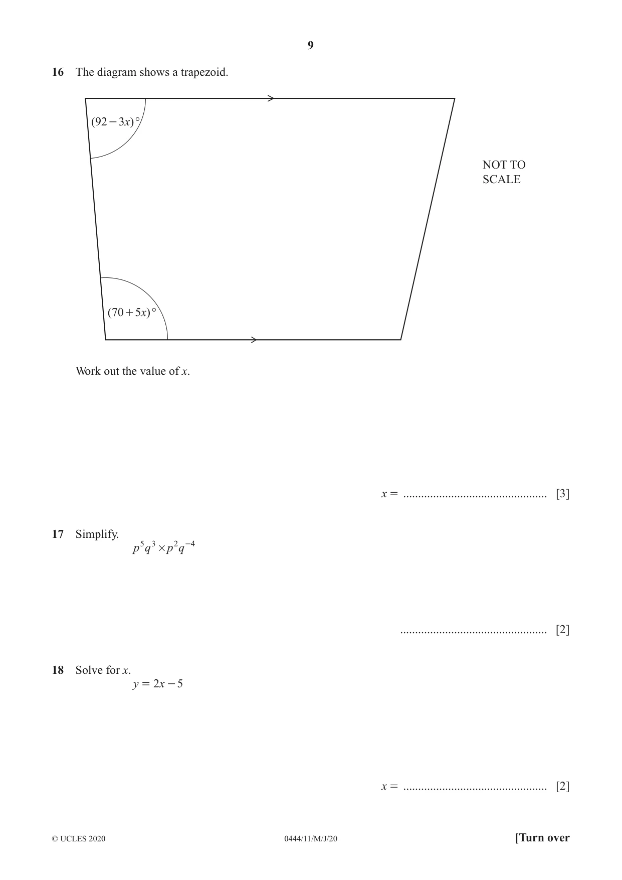 Cambridge IGCSE Mathematics (US) 0444 2020 May/June Paper 1 · Variant 1 question paper, page 9 of 12