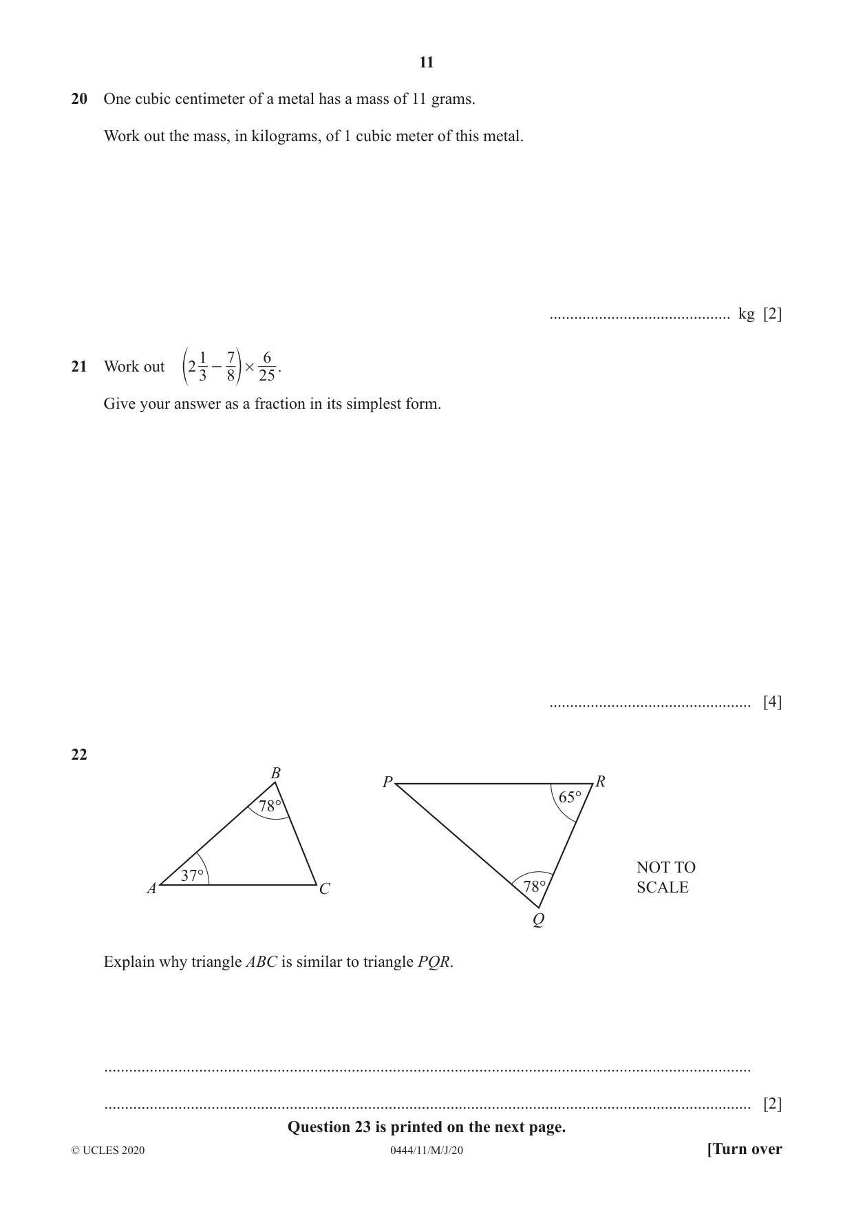 Cambridge IGCSE Mathematics (US) 0444 2020 May/June Paper 1 · Variant 1 question paper, page 11 of 12