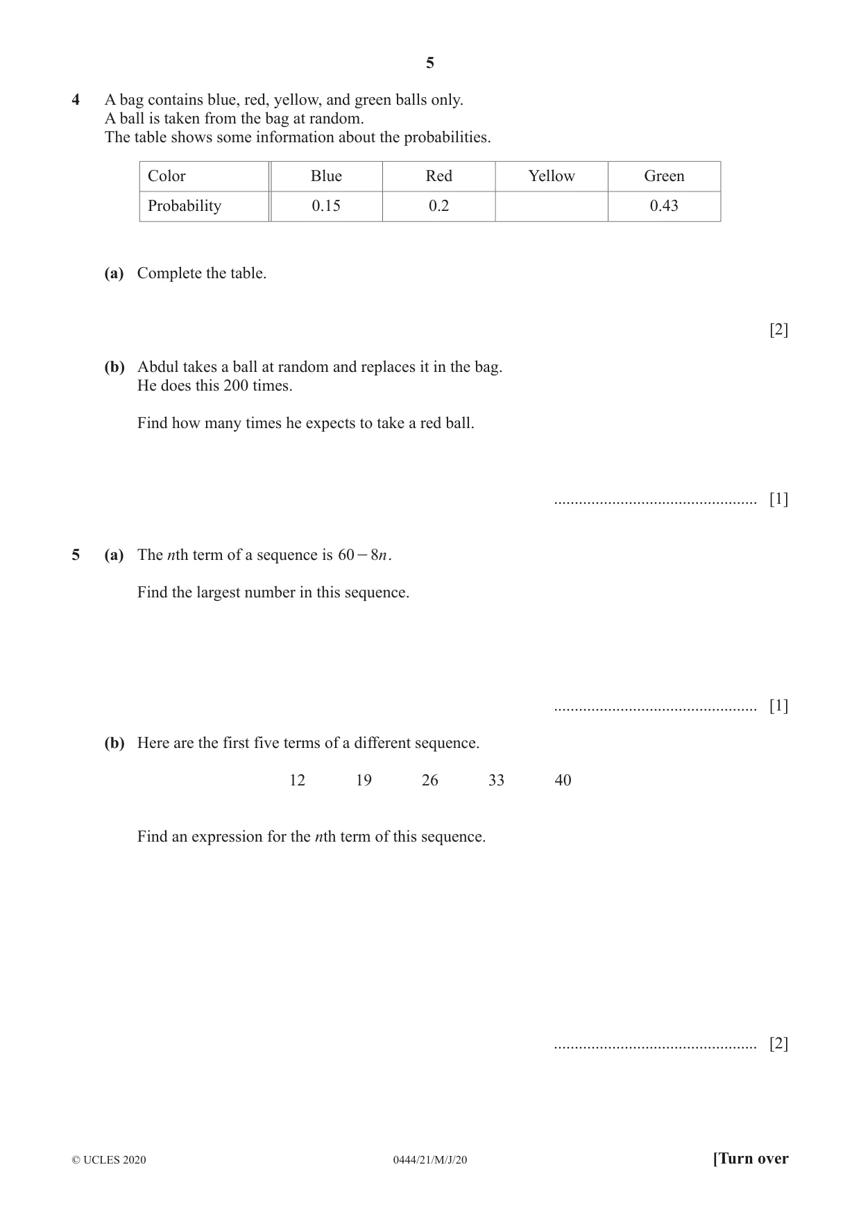Cambridge IGCSE Mathematics (US) 0444 2020 May/June Paper 2 · Variant 1 question paper, page 5 of 16