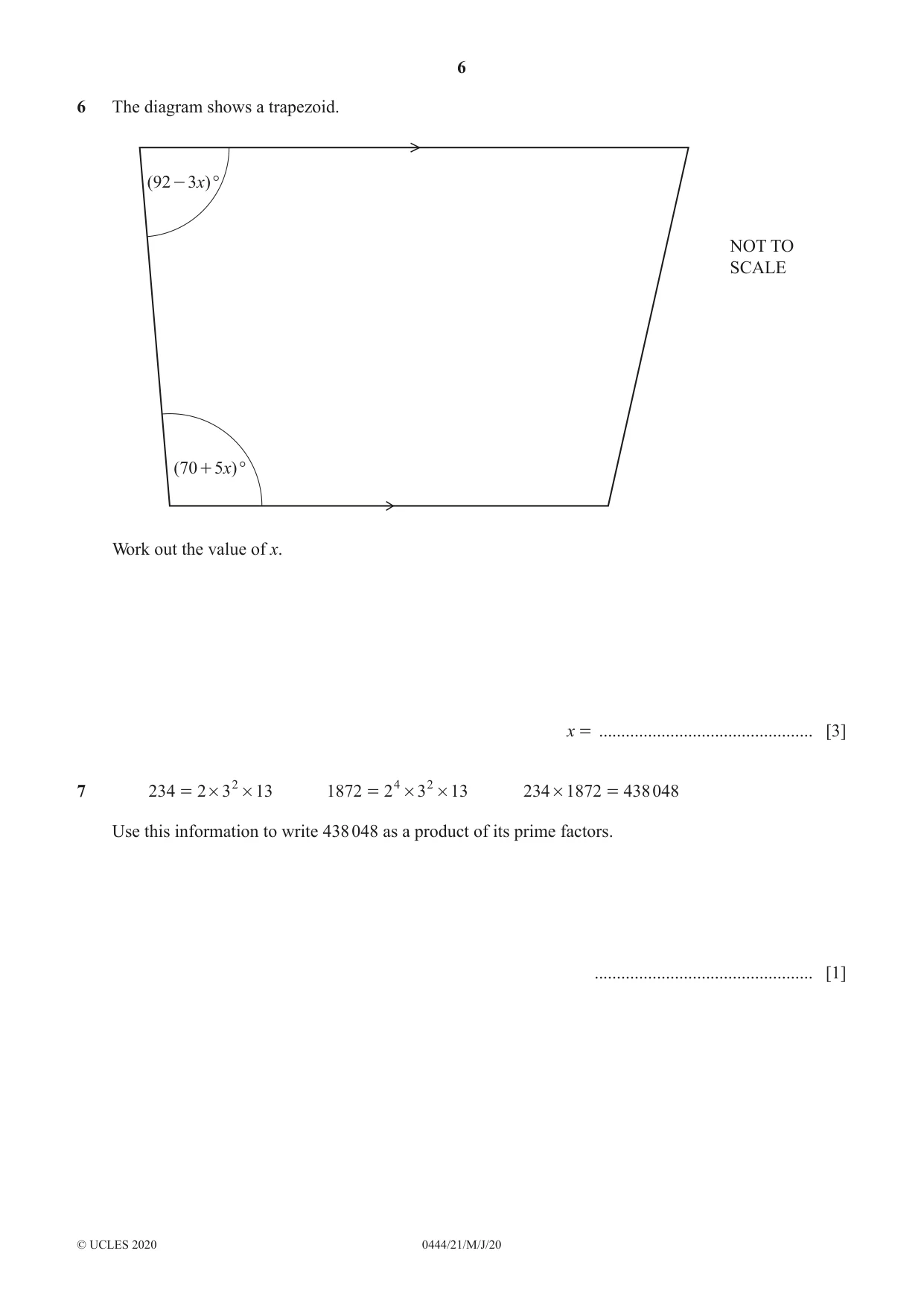 Cambridge IGCSE Mathematics (US) 0444 2020 May/June Paper 2 · Variant 1 question paper, page 6 of 16