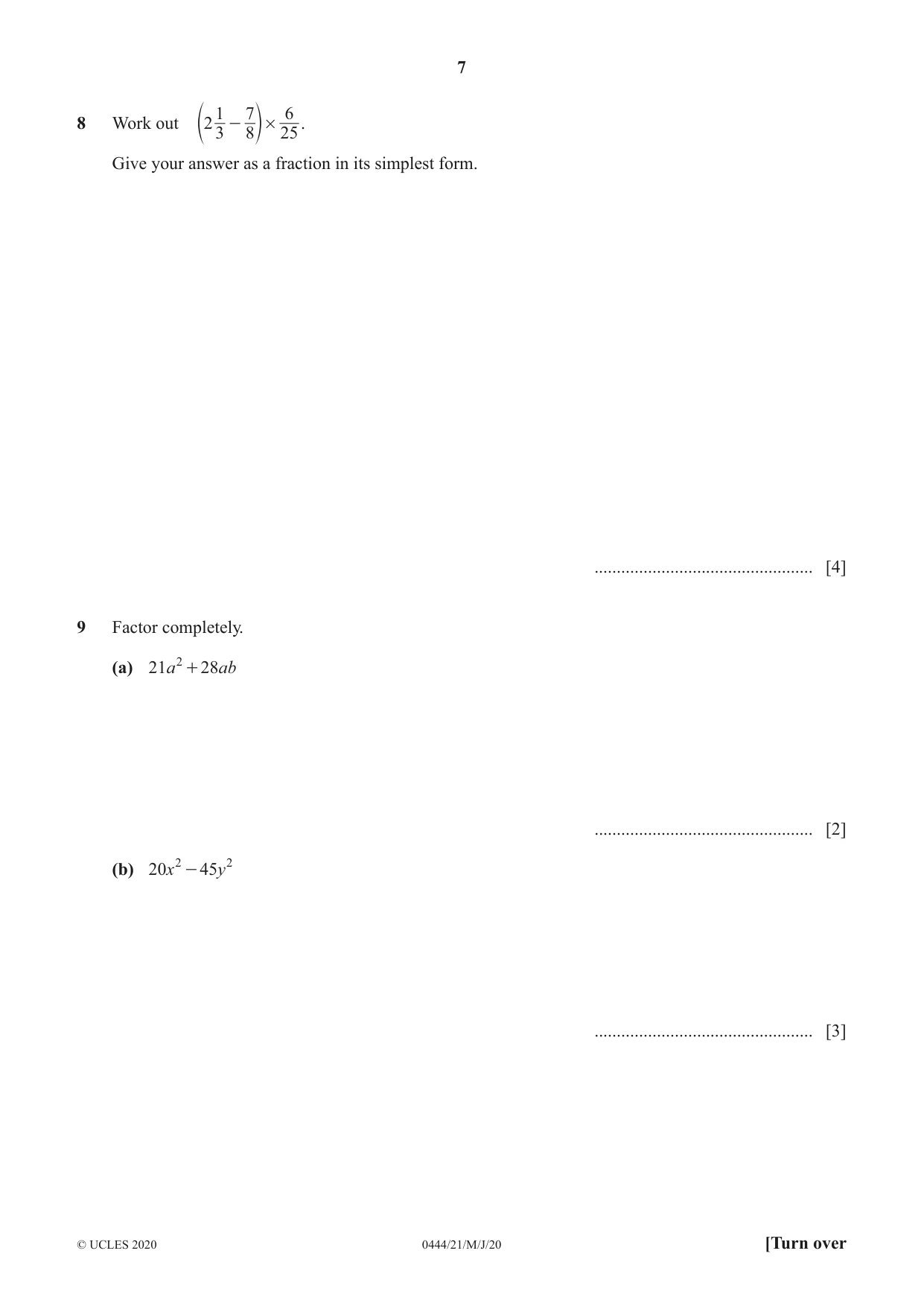 Cambridge IGCSE Mathematics (US) 0444 2020 May/June Paper 2 · Variant 1 question paper, page 7 of 16