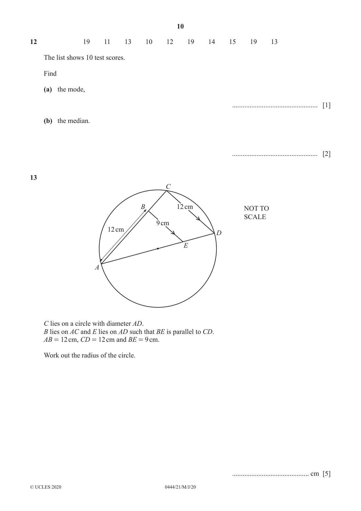 Cambridge IGCSE Mathematics (US) 0444 2020 May/June Paper 2 · Variant 1 question paper, page 10 of 16