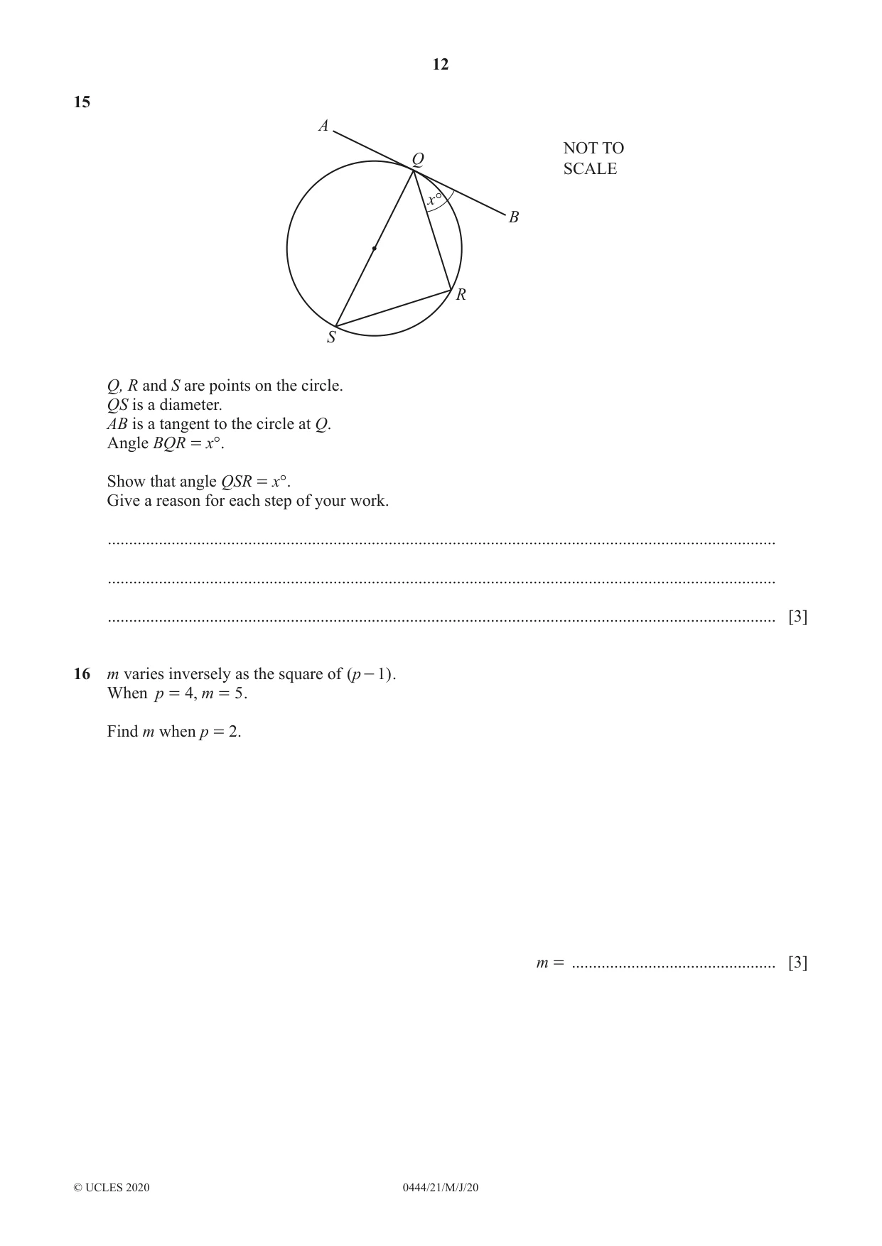 Cambridge IGCSE Mathematics (US) 0444 2020 May/June Paper 2 · Variant 1 question paper, page 12 of 16
