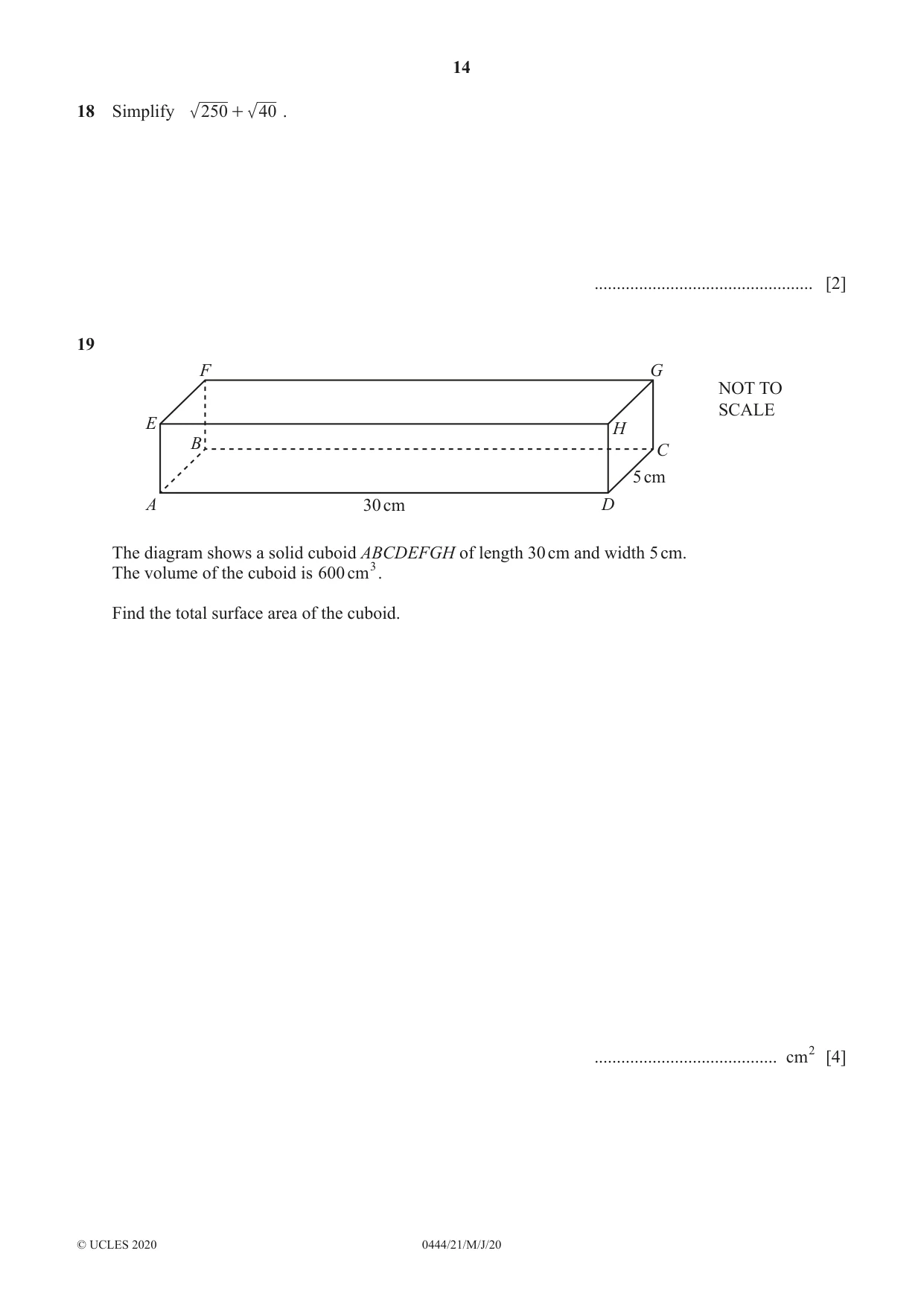 Cambridge IGCSE Mathematics (US) 0444 2020 May/June Paper 2 · Variant 1 question paper, page 14 of 16