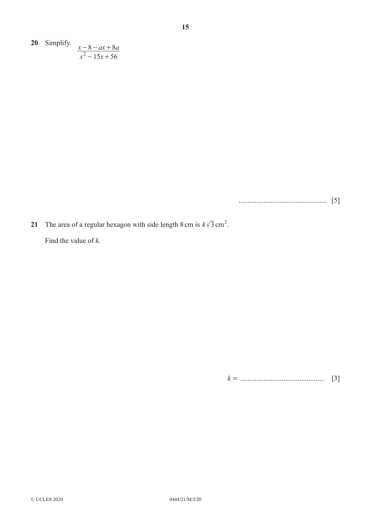 Cambridge IGCSE Mathematics (US) 0444 2020 May/June Paper 2 · Variant 1 question paper, page 15 of 16