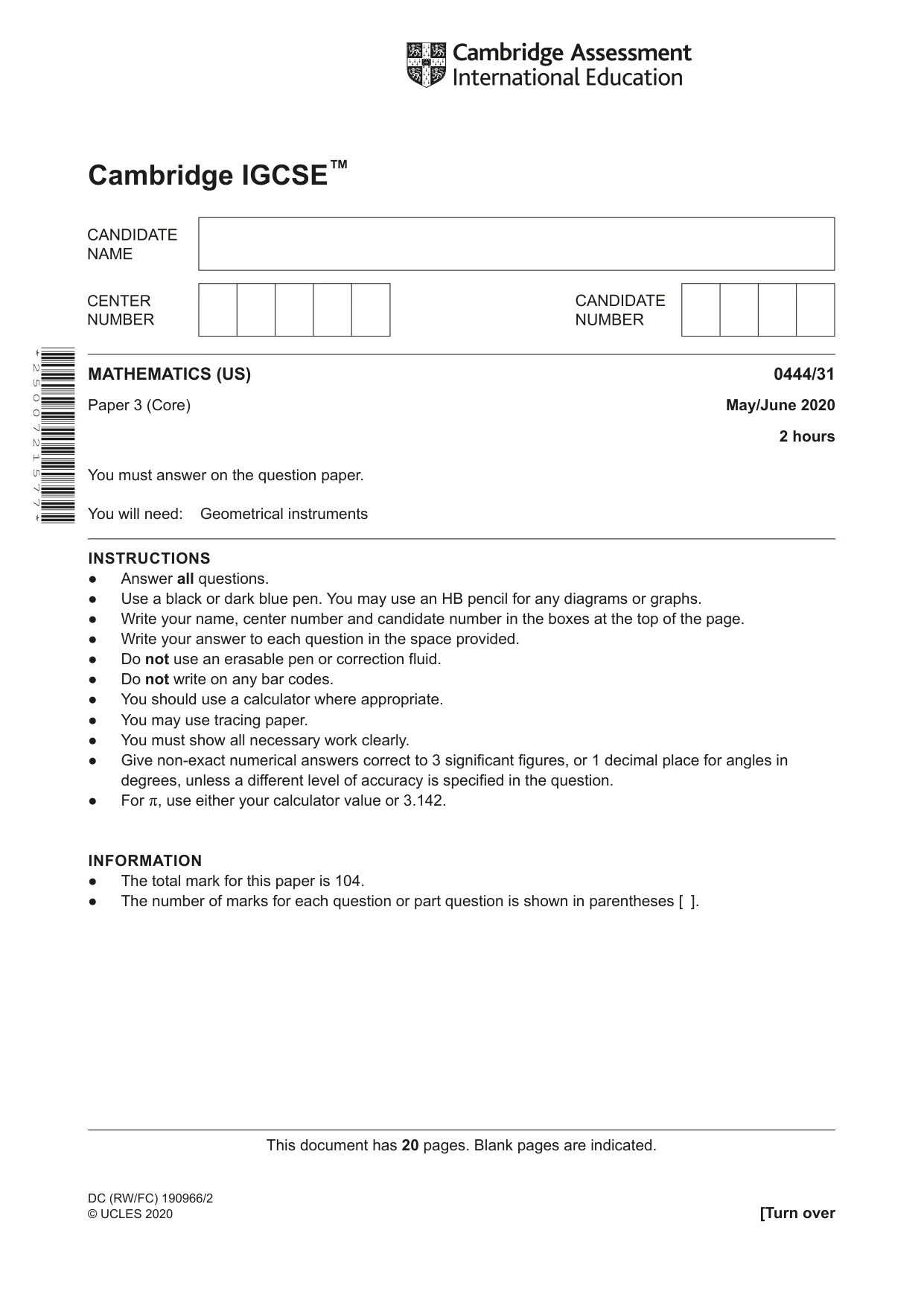 Cambridge IGCSE Mathematics (US) 0444 2020 May/June Paper 3 · Variant 1 question paper, page 1 of 20