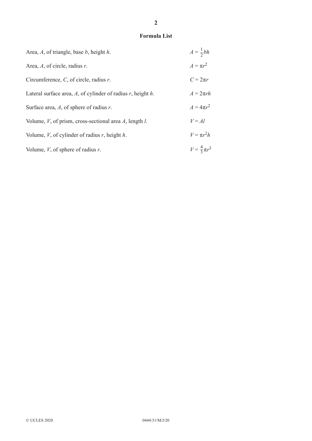 Cambridge IGCSE Mathematics (US) 0444 2020 May/June Paper 3 · Variant 1 question paper, page 2 of 20