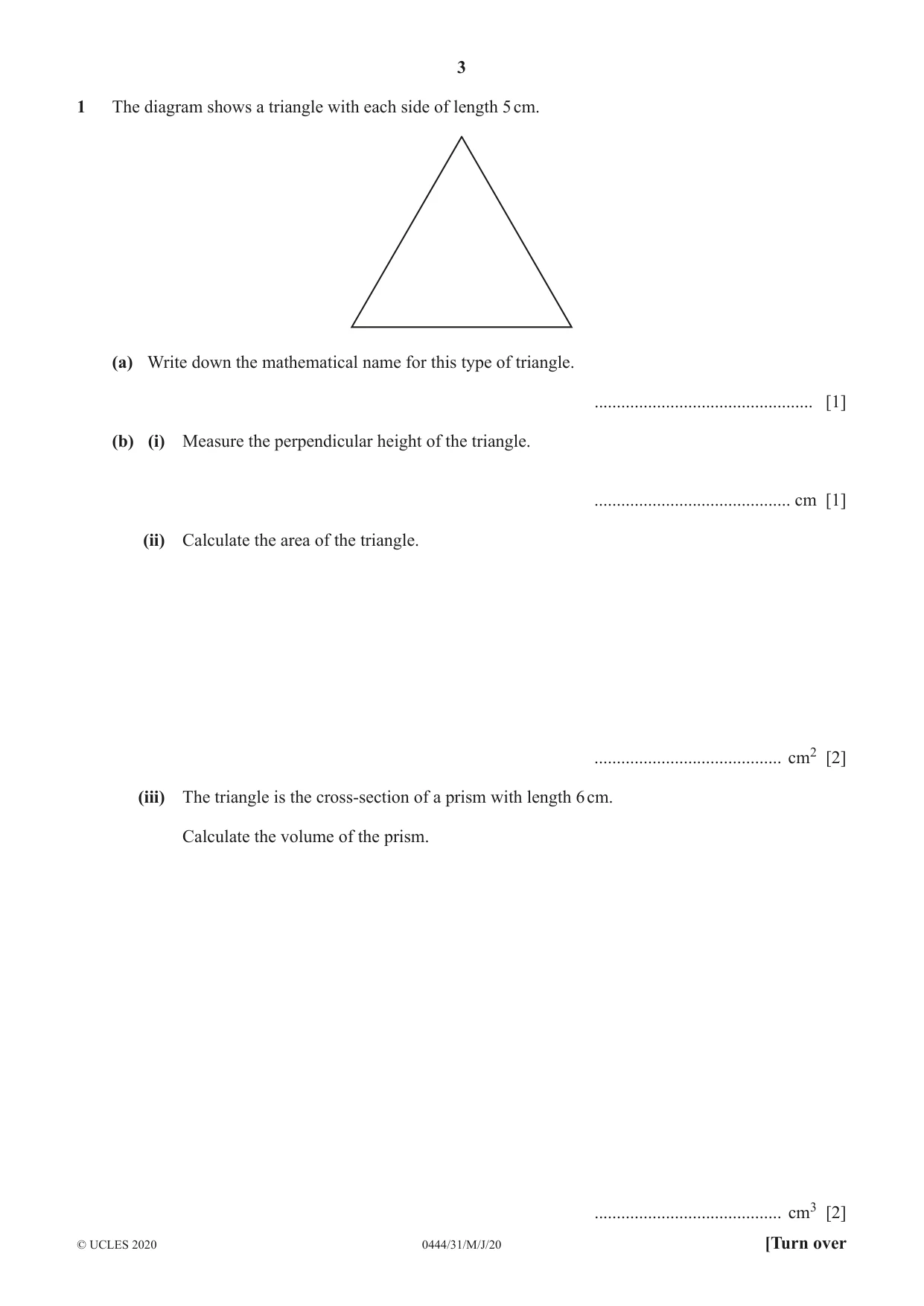 Cambridge IGCSE Mathematics (US) 0444 2020 May/June Paper 3 · Variant 1 question paper, page 3 of 20