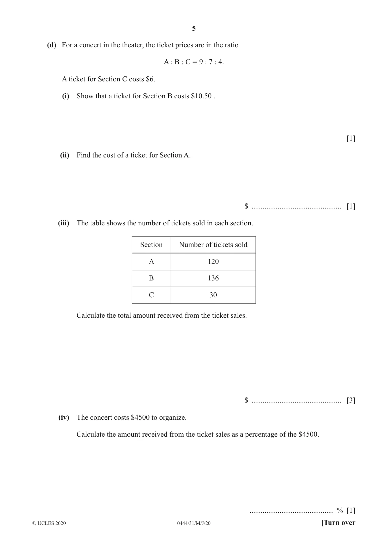 Cambridge IGCSE Mathematics (US) 0444 2020 May/June Paper 3 · Variant 1 question paper, page 5 of 20