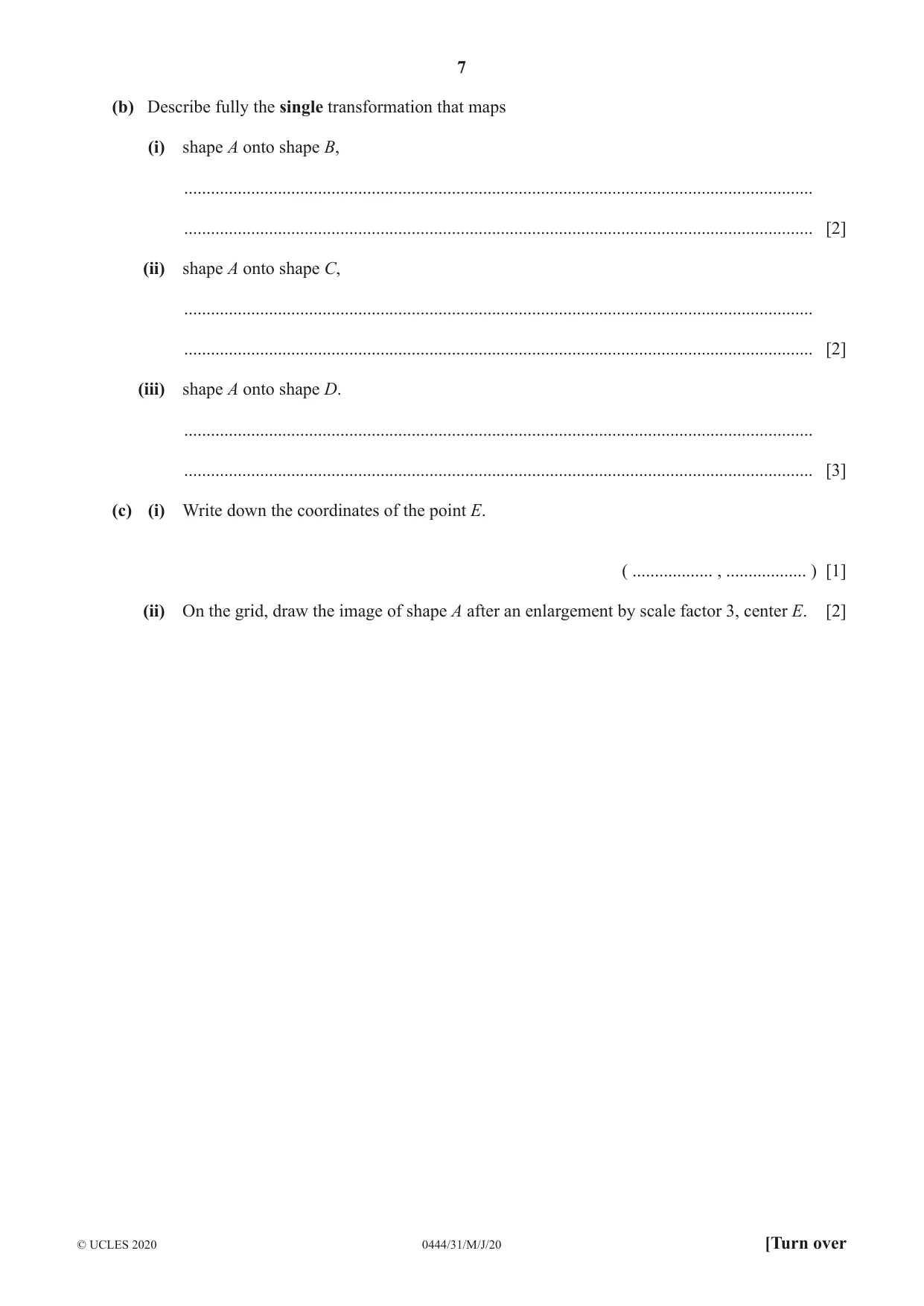 Cambridge IGCSE Mathematics (US) 0444 2020 May/June Paper 3 · Variant 1 question paper, page 7 of 20