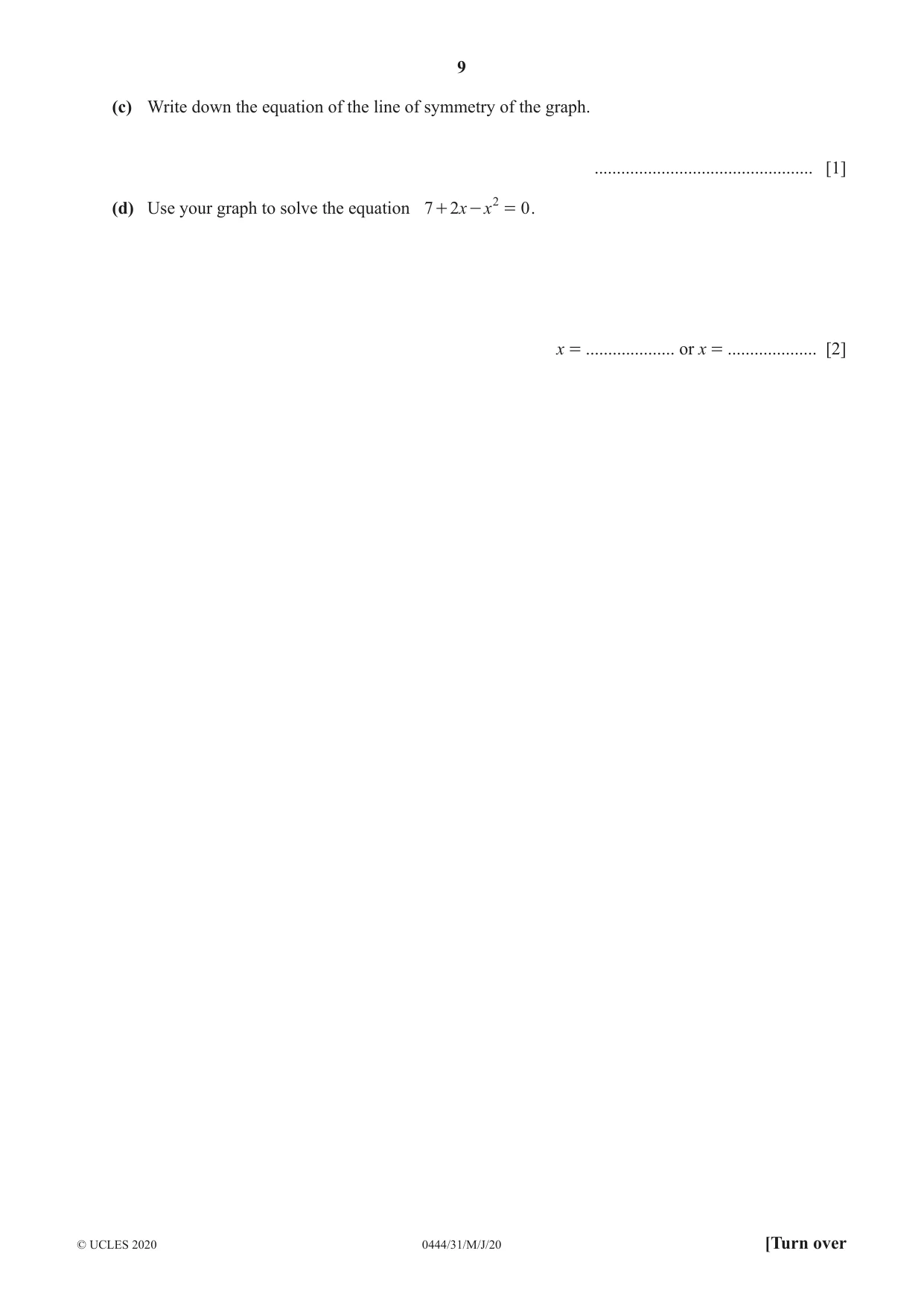 Cambridge IGCSE Mathematics (US) 0444 2020 May/June Paper 3 · Variant 1 question paper, page 9 of 20