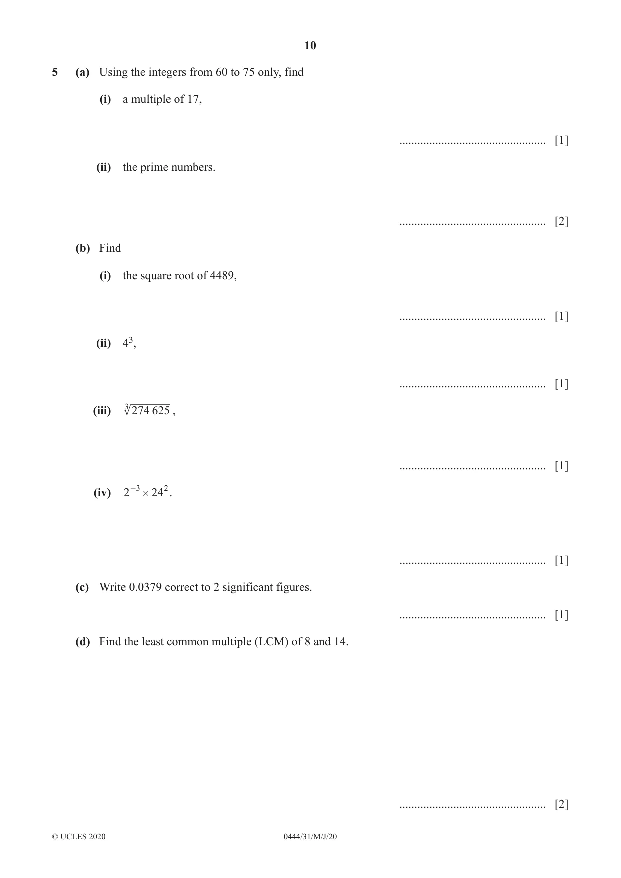 Cambridge IGCSE Mathematics (US) 0444 2020 May/June Paper 3 · Variant 1 question paper, page 10 of 20