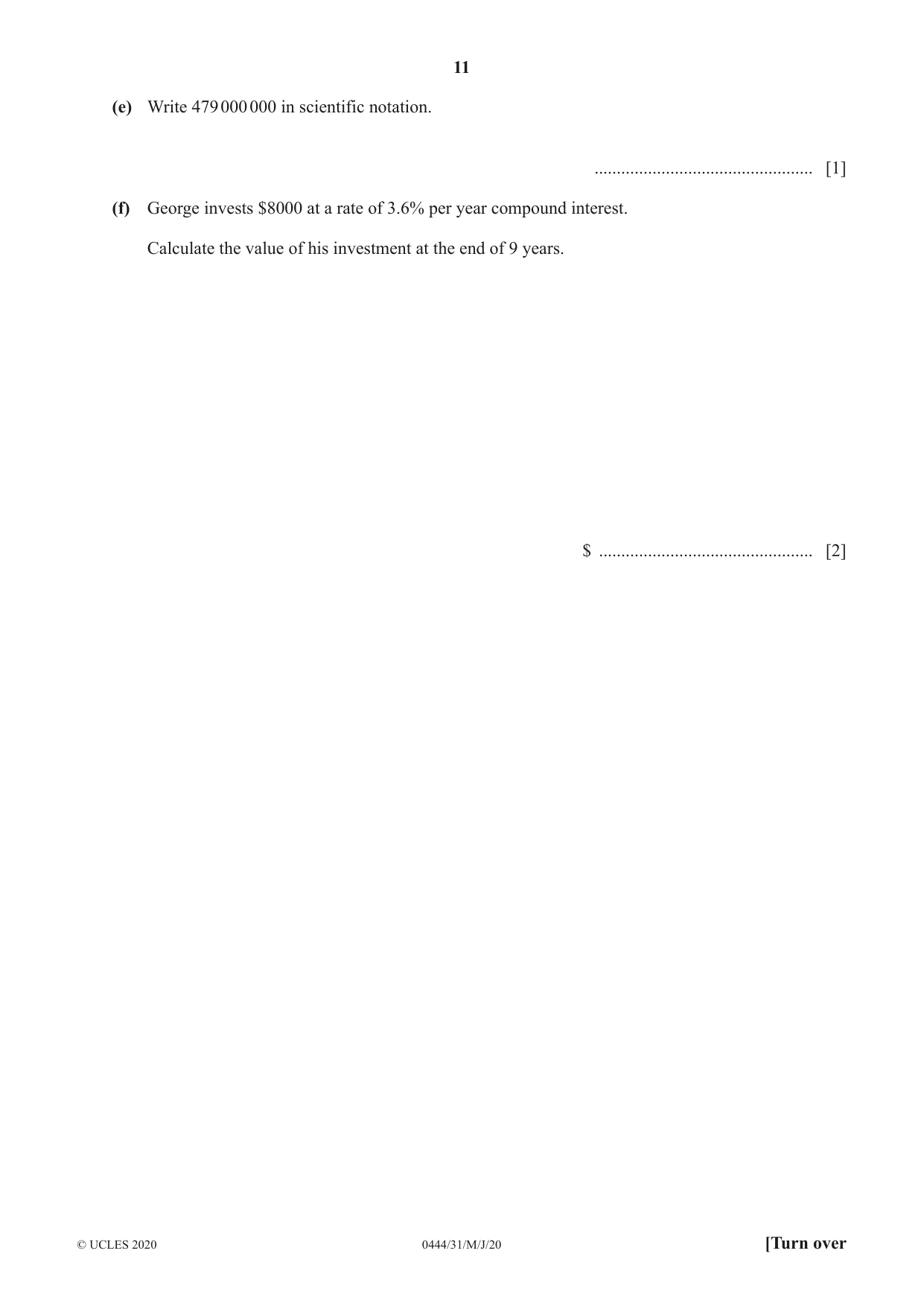 Cambridge IGCSE Mathematics (US) 0444 2020 May/June Paper 3 · Variant 1 question paper, page 11 of 20