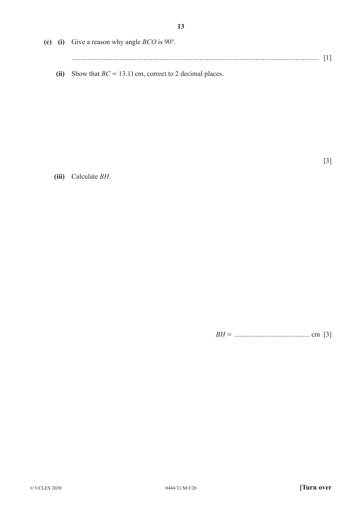 Cambridge IGCSE Mathematics (US) 0444 2020 May/June Paper 3 · Variant 1 question paper, page 13 of 20